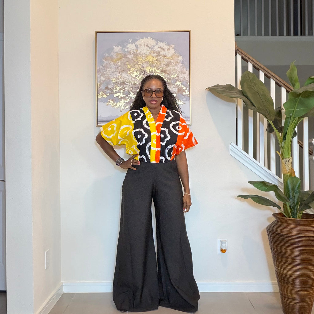 Cropped Ankara V-Neck Top with Black Wide-Leg Pants