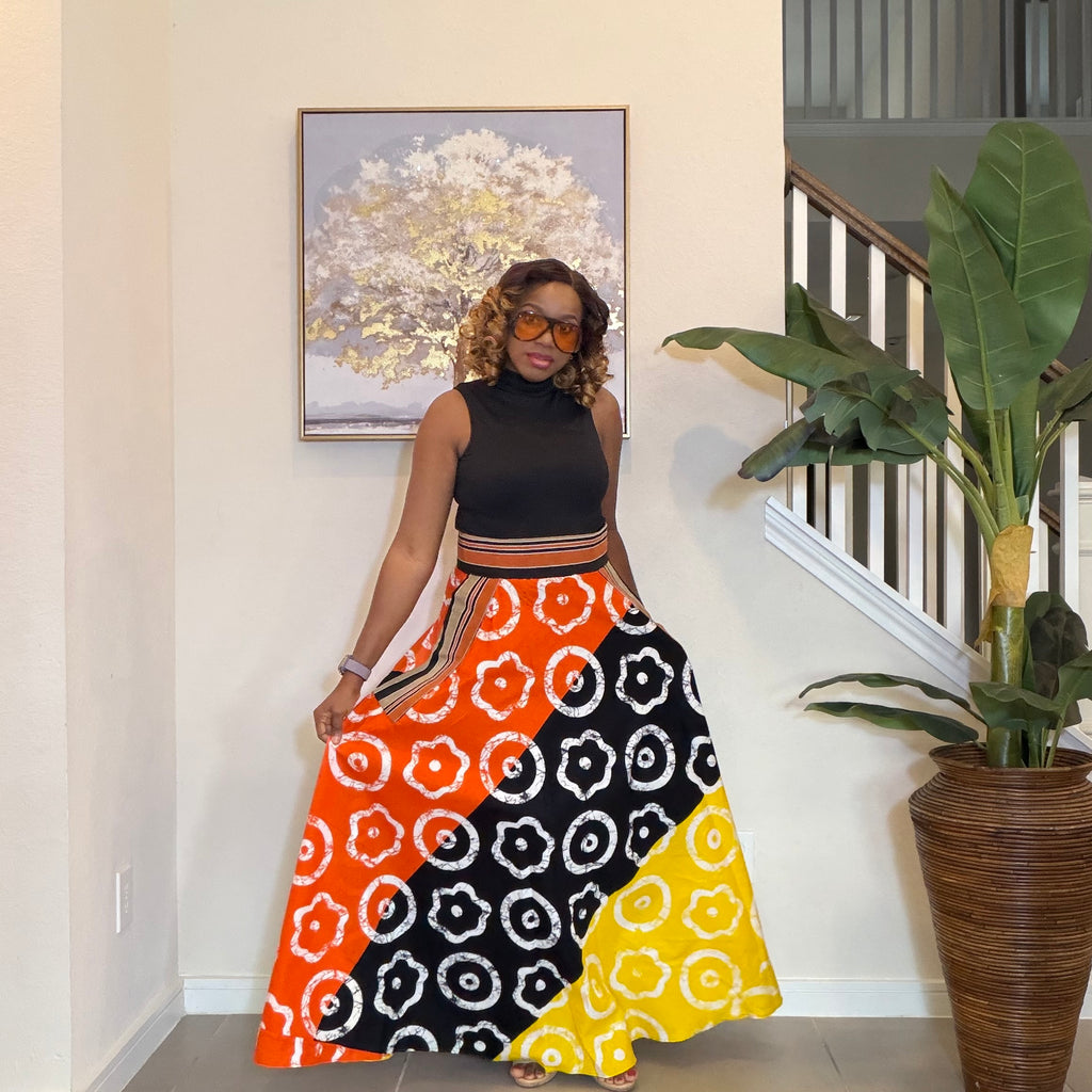 African Ankara Maxi Skirt, High Waist Skirt with Aso Oke Pockets