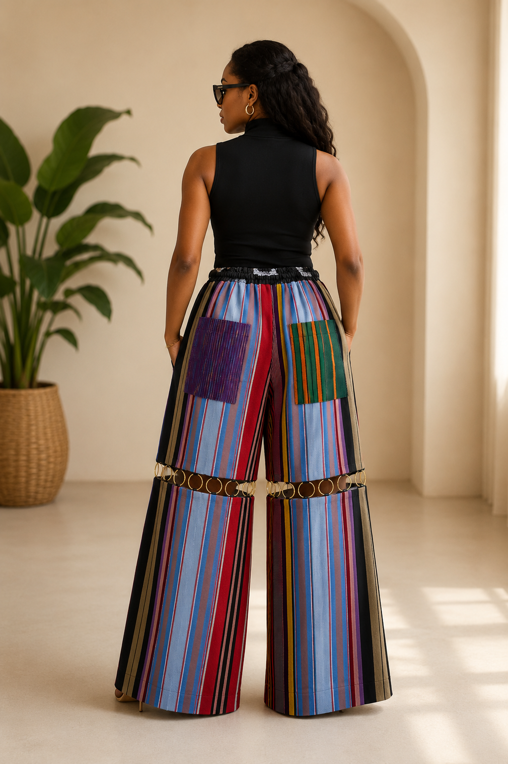 Multicolor Aso Oke Wide-Leg Trousers with Ring Detail