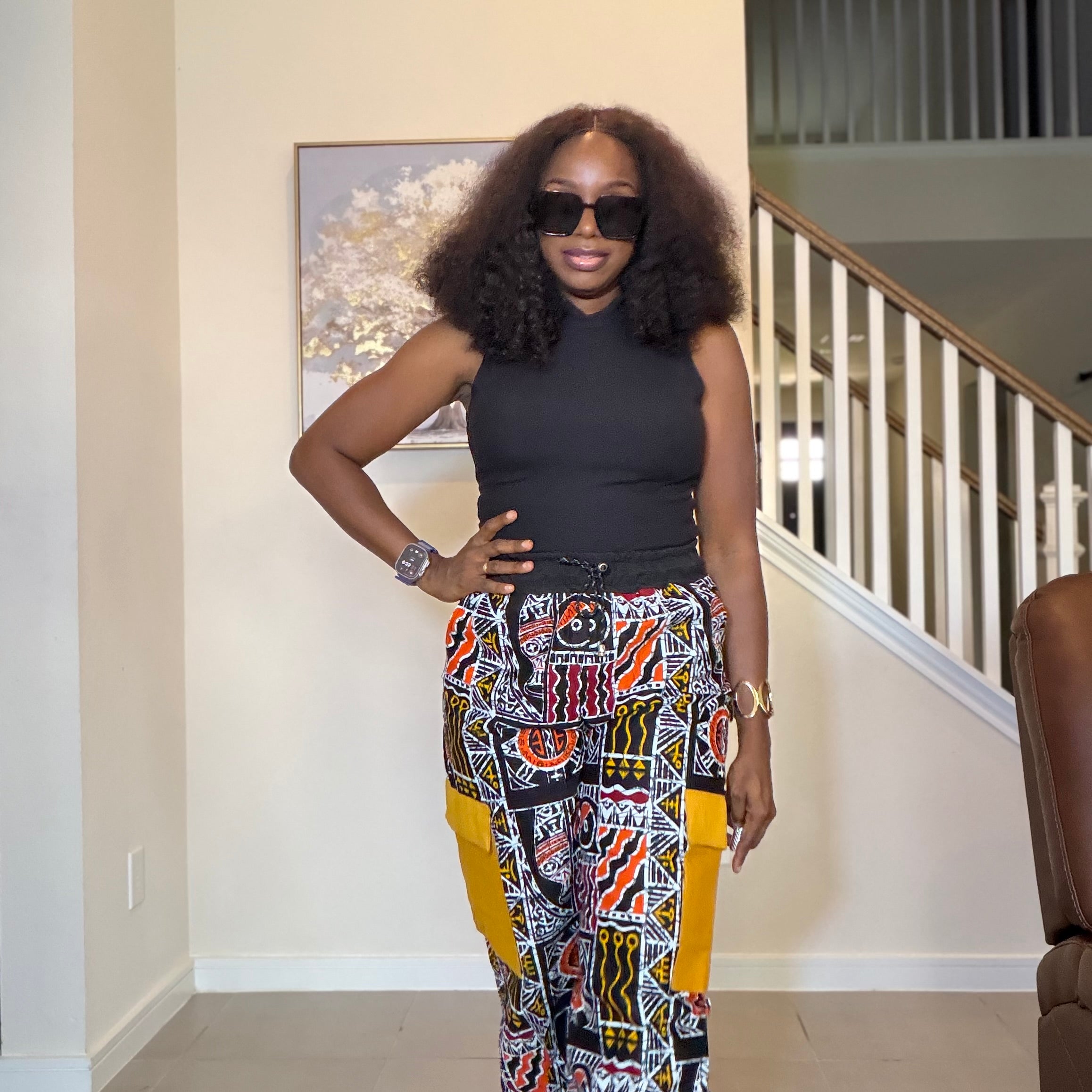 Ankara Wide Leg Cargo Trousers with Mustard Yellow Aso Oke Pockets