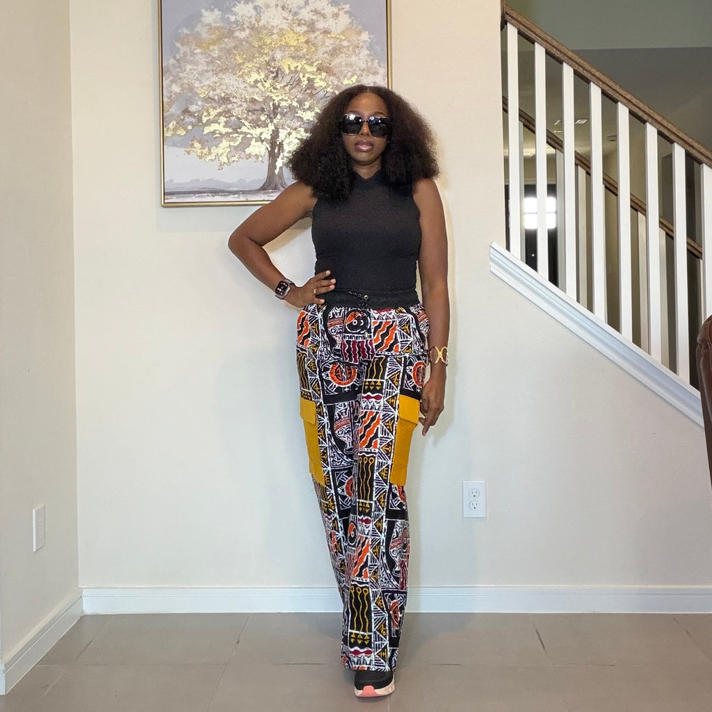 Ankara Wide Leg Cargo Trousers with Mustard Yellow Aso Oke Pockets