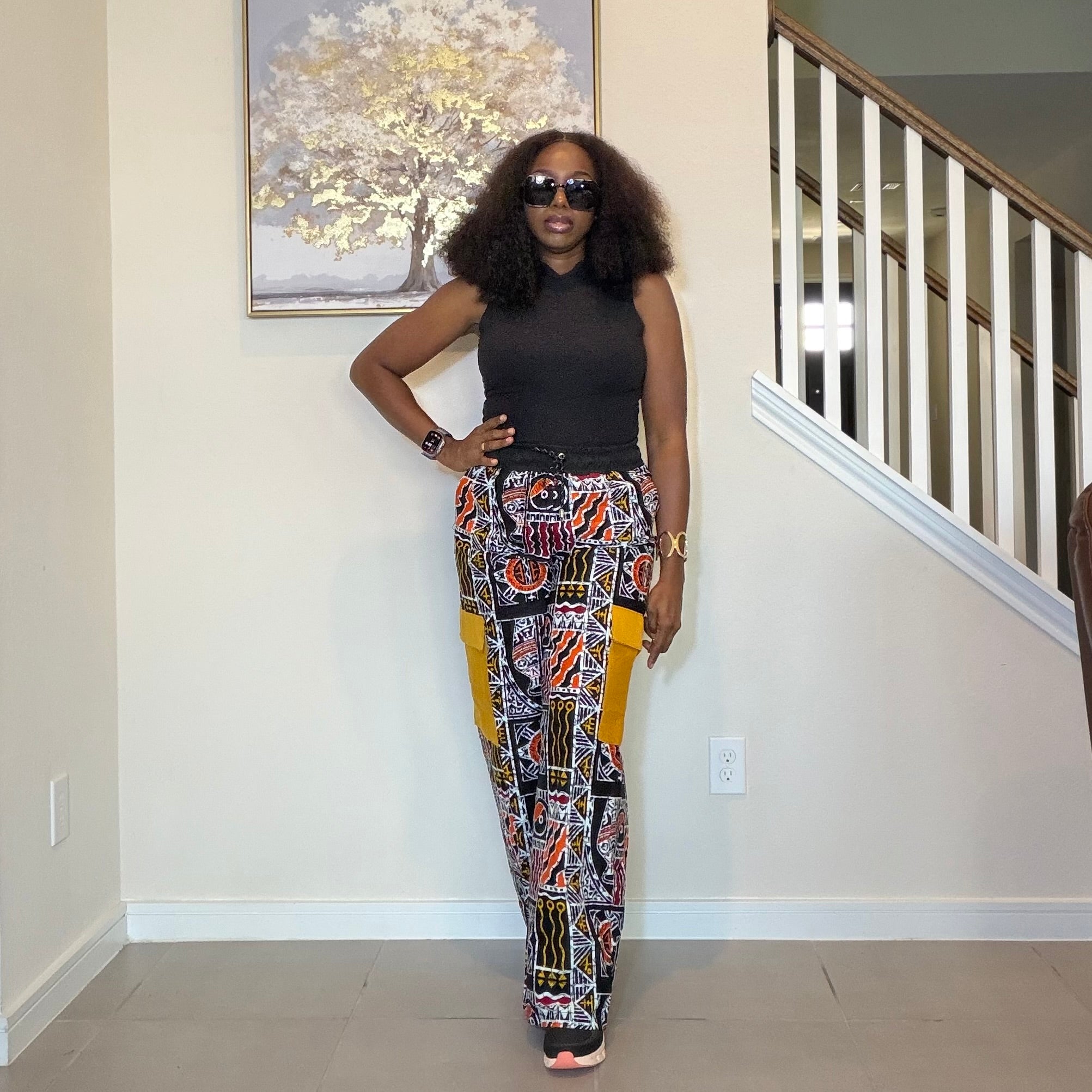 Ankara Wide Leg Cargo Trousers with Mustard Yellow Aso Oke Pockets