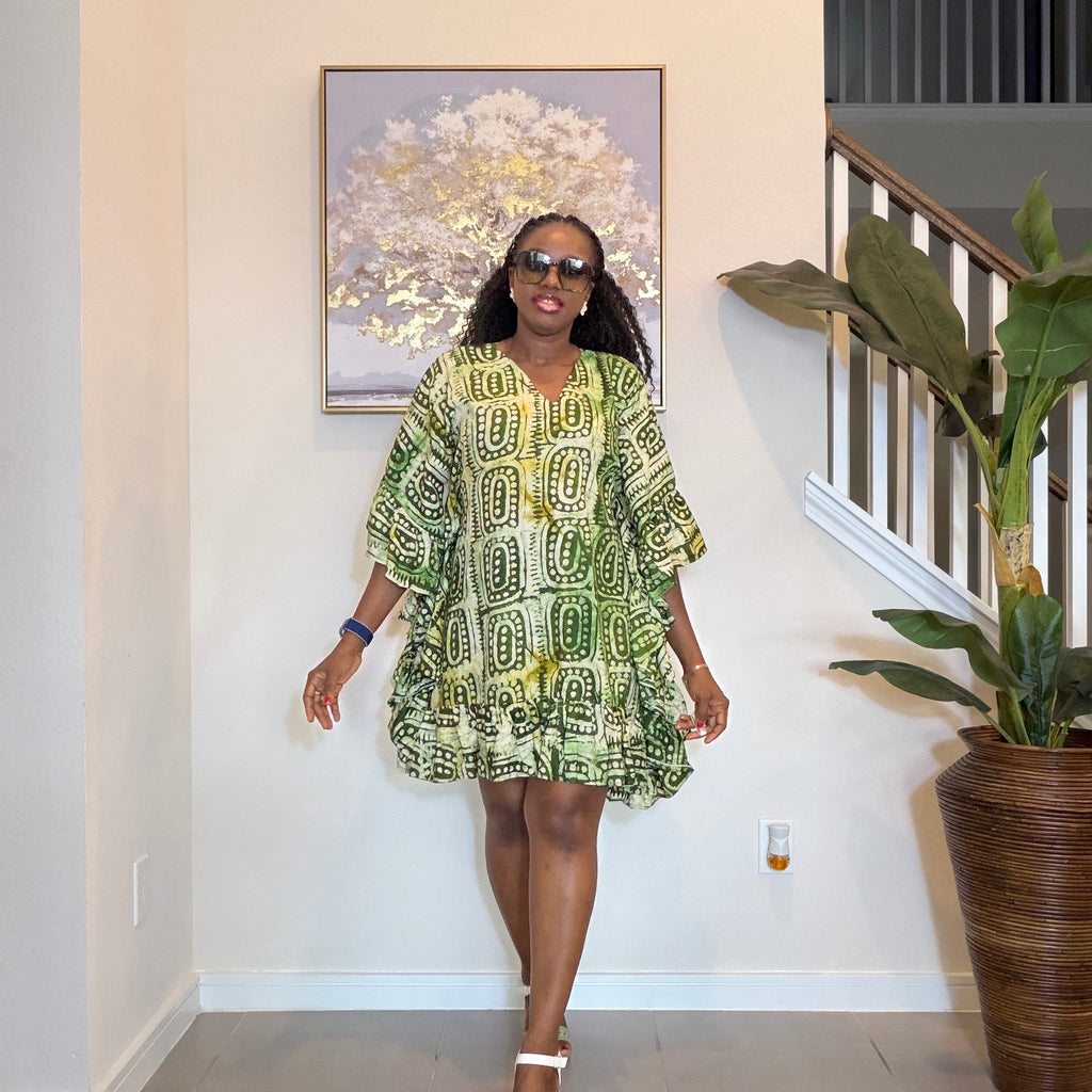 Olive Green Adire Crepe Dress Mini Dress.