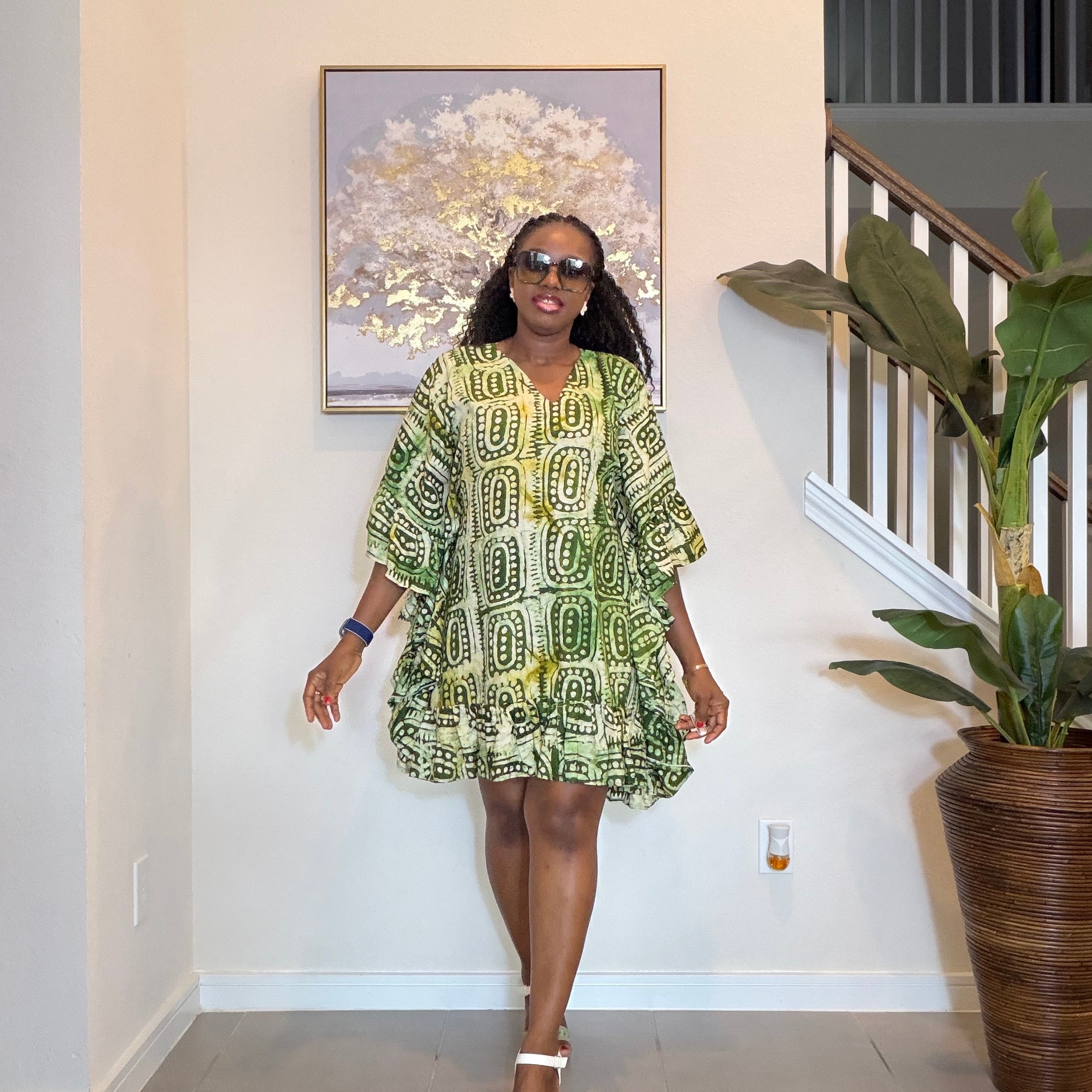 Olive Green Adire Crepe Dress Mini Dress.