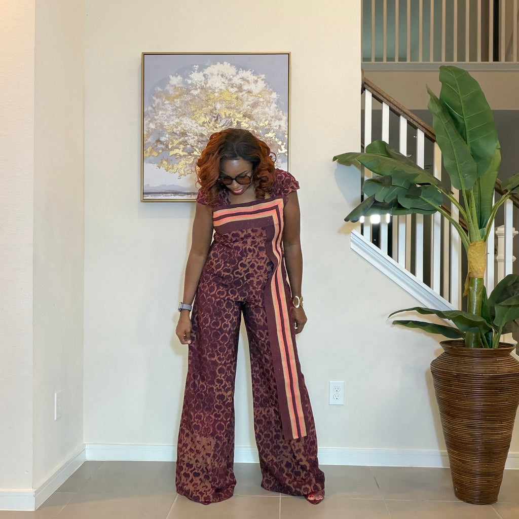 Adire Floral Wide-Leg Jumpsuit with Aso Oke Detail