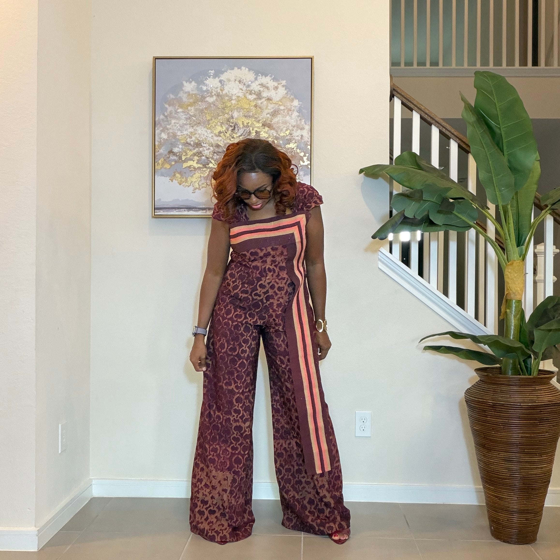 Adire Floral Wide-Leg Jumpsuit with Aso Oke Detail
