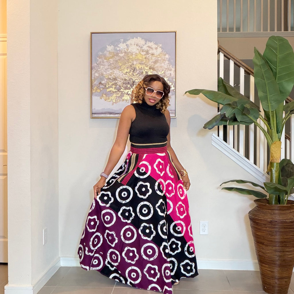 African Ankara Maxi Skirt, High Waist Skirt with Aso Oke Pockets