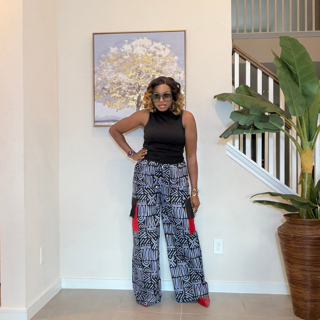 Ankara Wide‑Leg Pants with Aso Oke side pockets