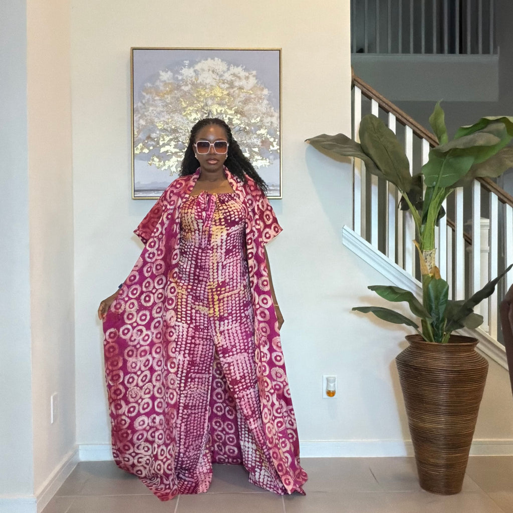 2-Piece Adire Crepe Jumpsuit and Kimono Set