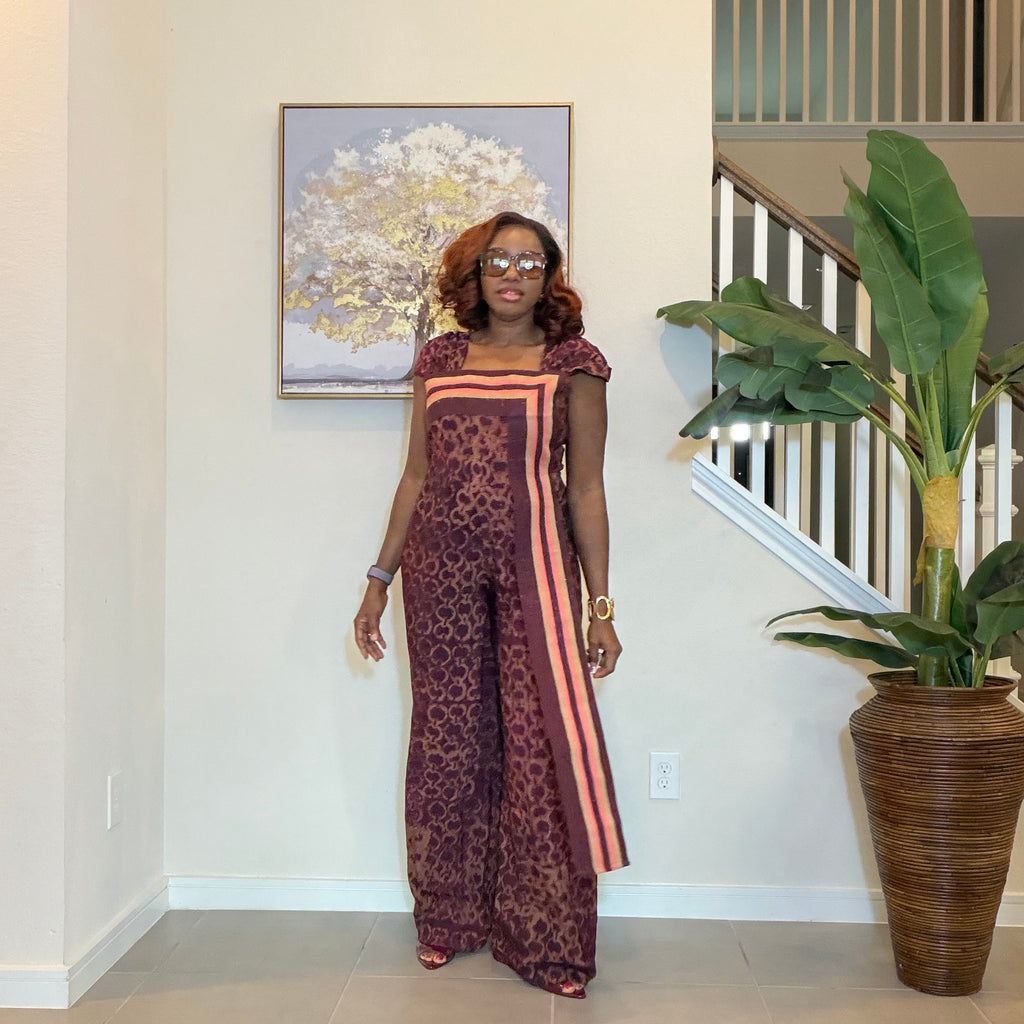 Adire Floral Wide-Leg Jumpsuit with Aso Oke Detail