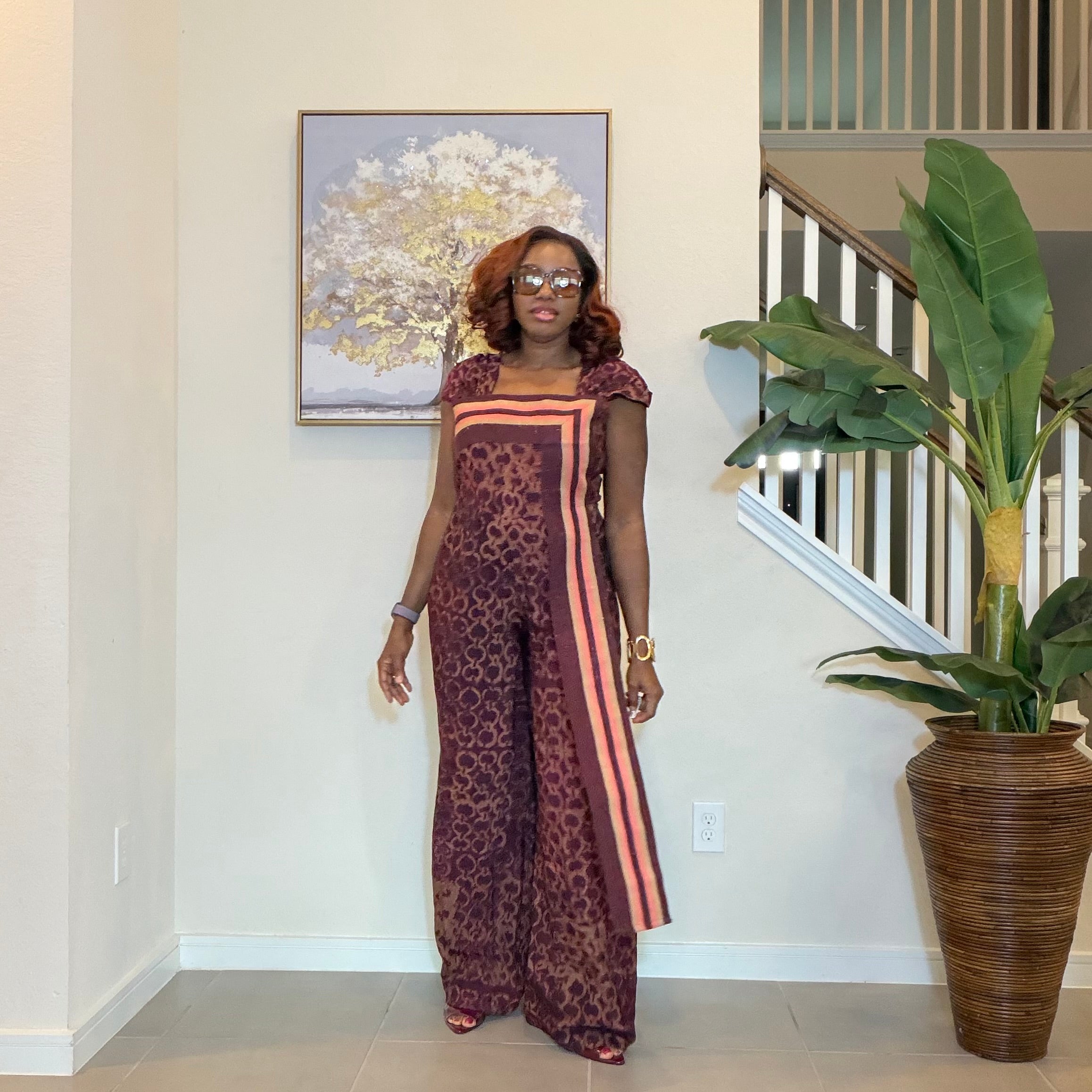 Adire Floral Wide-Leg Jumpsuit with Aso Oke Detail