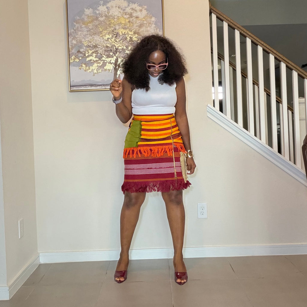 Colorful African Aso Oke Fringe Skirt, Handmade Aso Oke Patchwork Skirt
