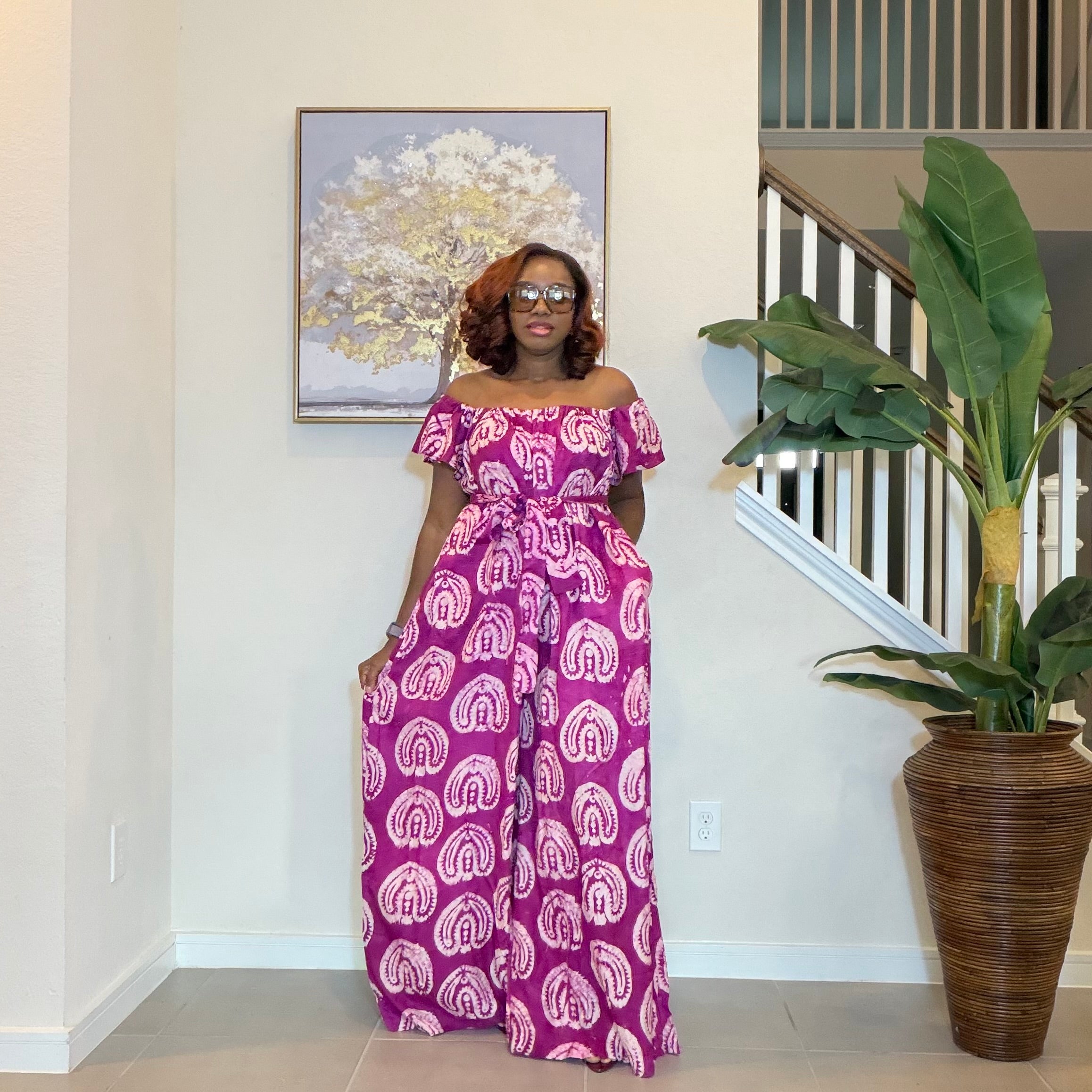 Adire Jumpsuit - African Print Off-the-Shoulder Wide Leg Romper