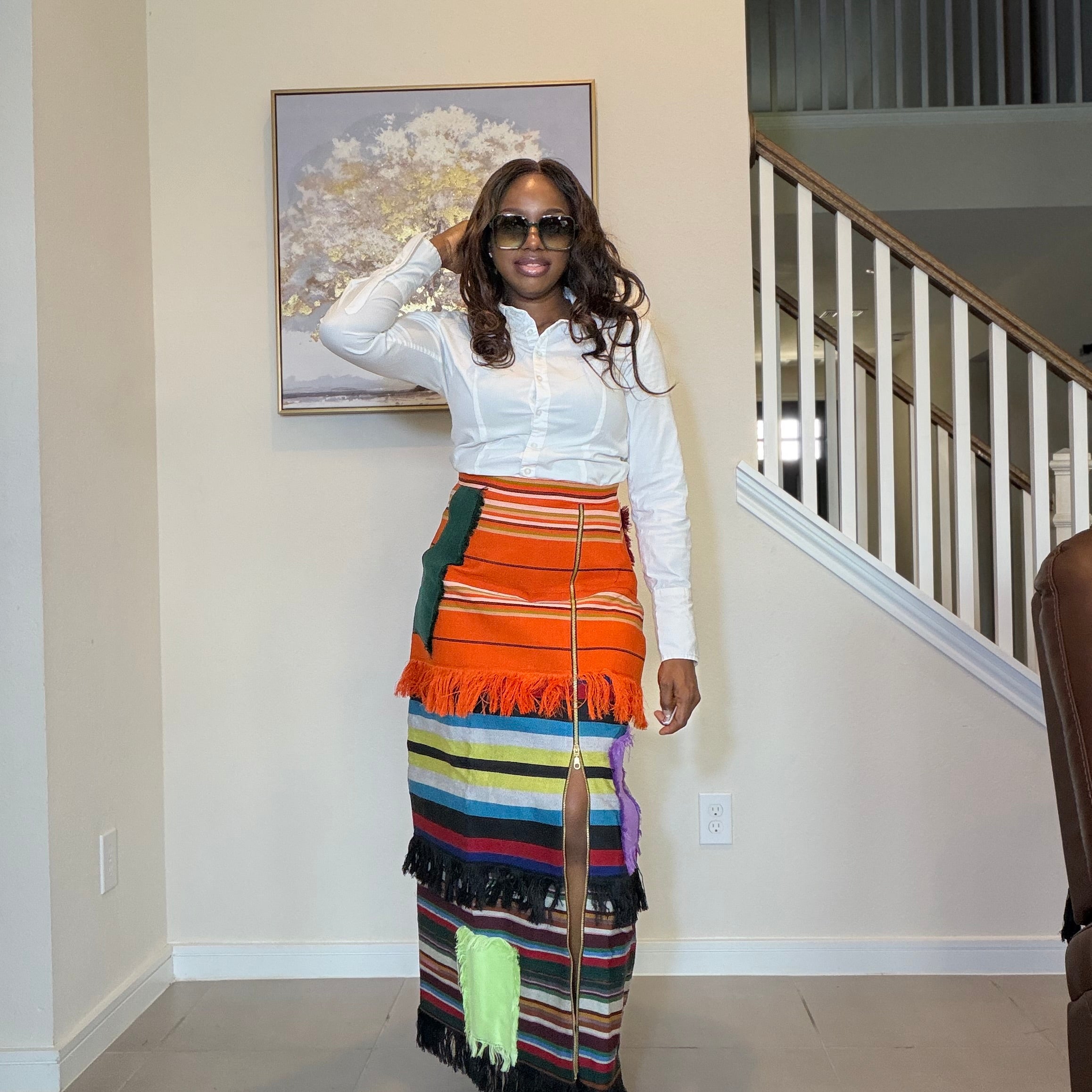 Colorful African Aso Oke Fringe Skirt, Handmade Aso Oke Patchwork Skirt