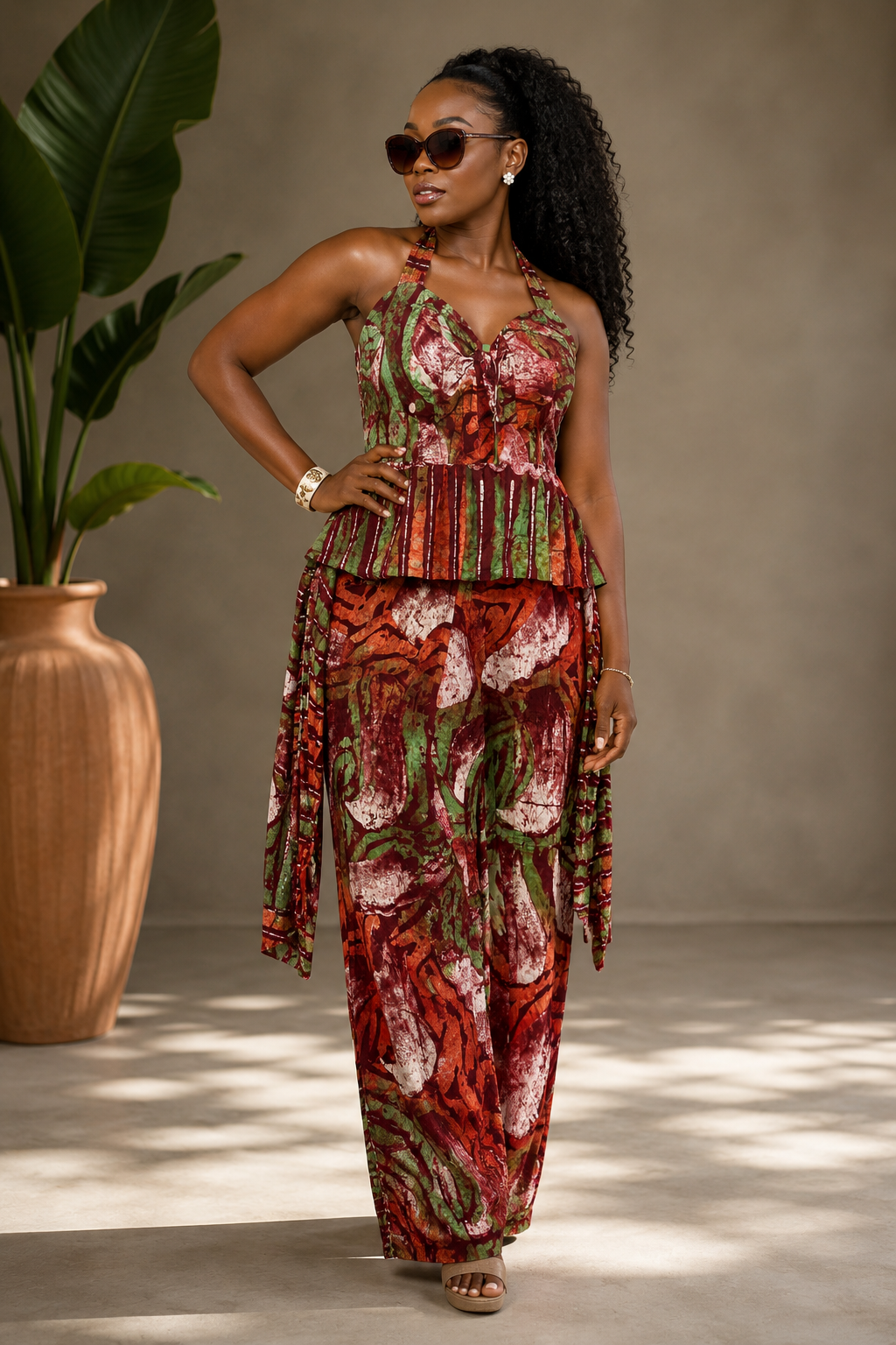 Adire Halter Neck Jumpsuit, African Batik Print Jumpsuit
