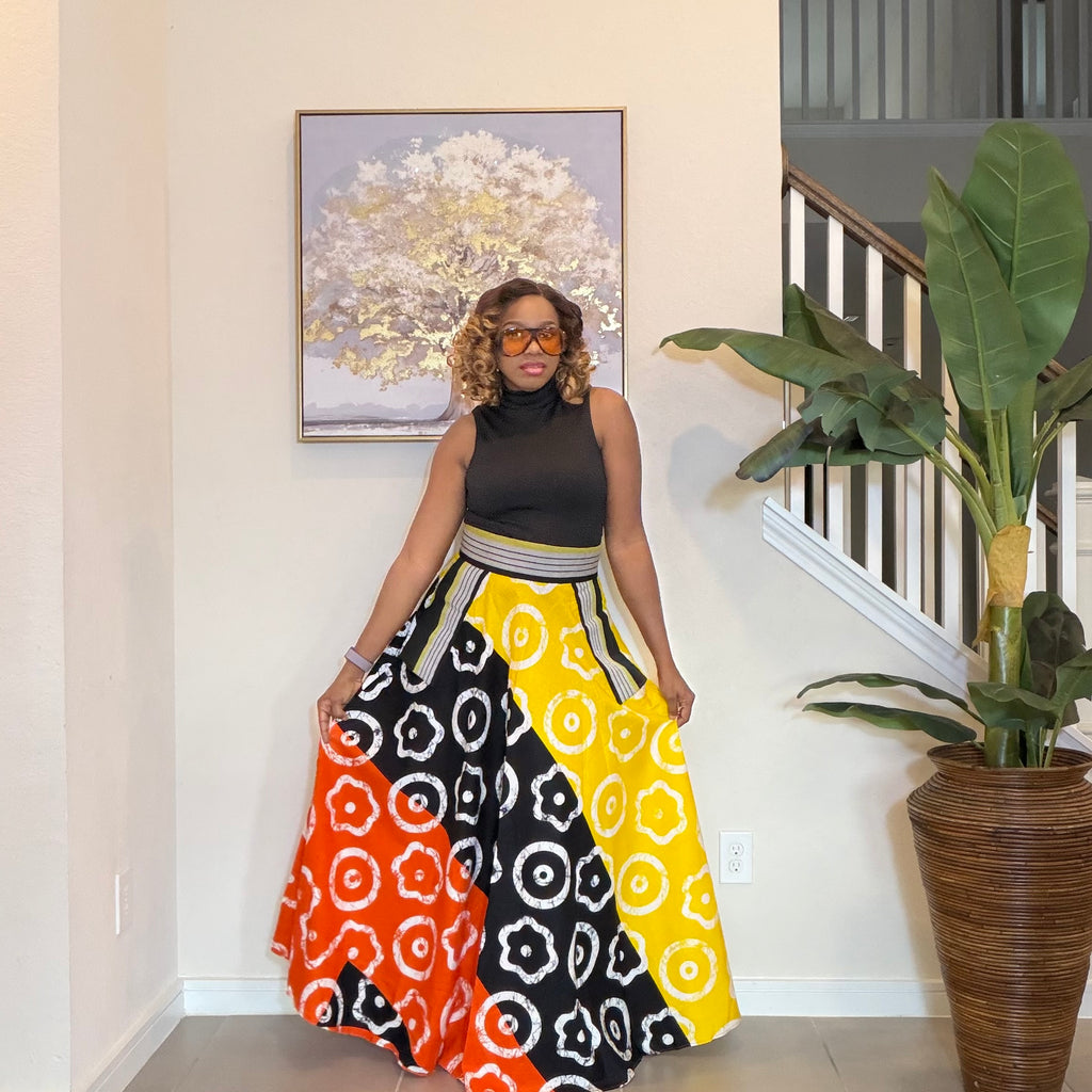 African Ankara Maxi Skirt, High Waist Skirt with Aso Oke Pockets