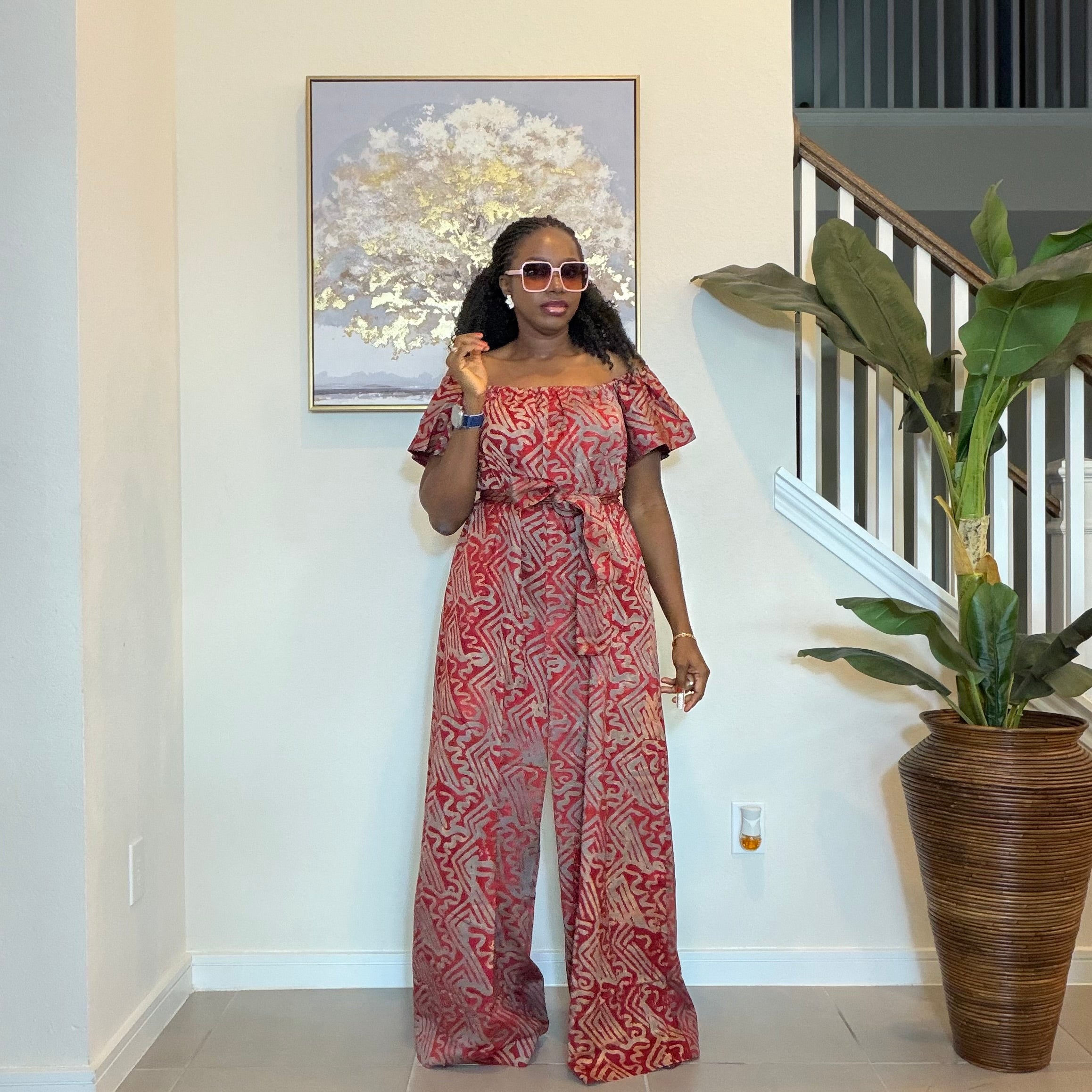Adire Printed Wide-Leg Jumpsuit Convertible Off-Shoulder with Detachable Belt