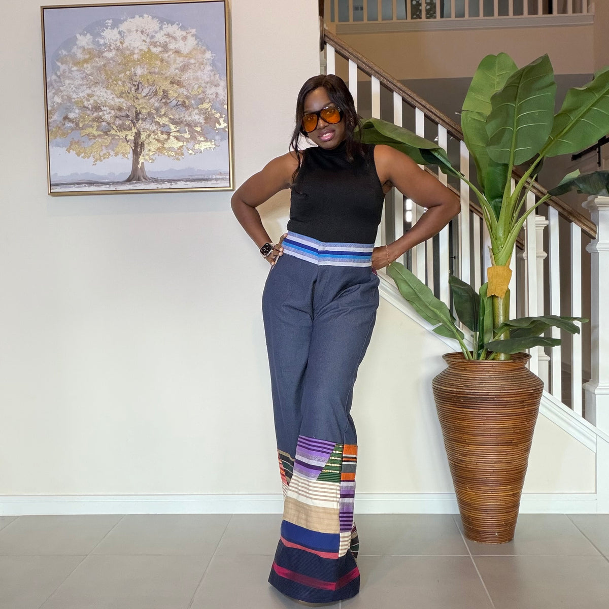 High-Waisted Jeans Wide Leg Trousers with Multicolored Striped Aso Oke Patchwork