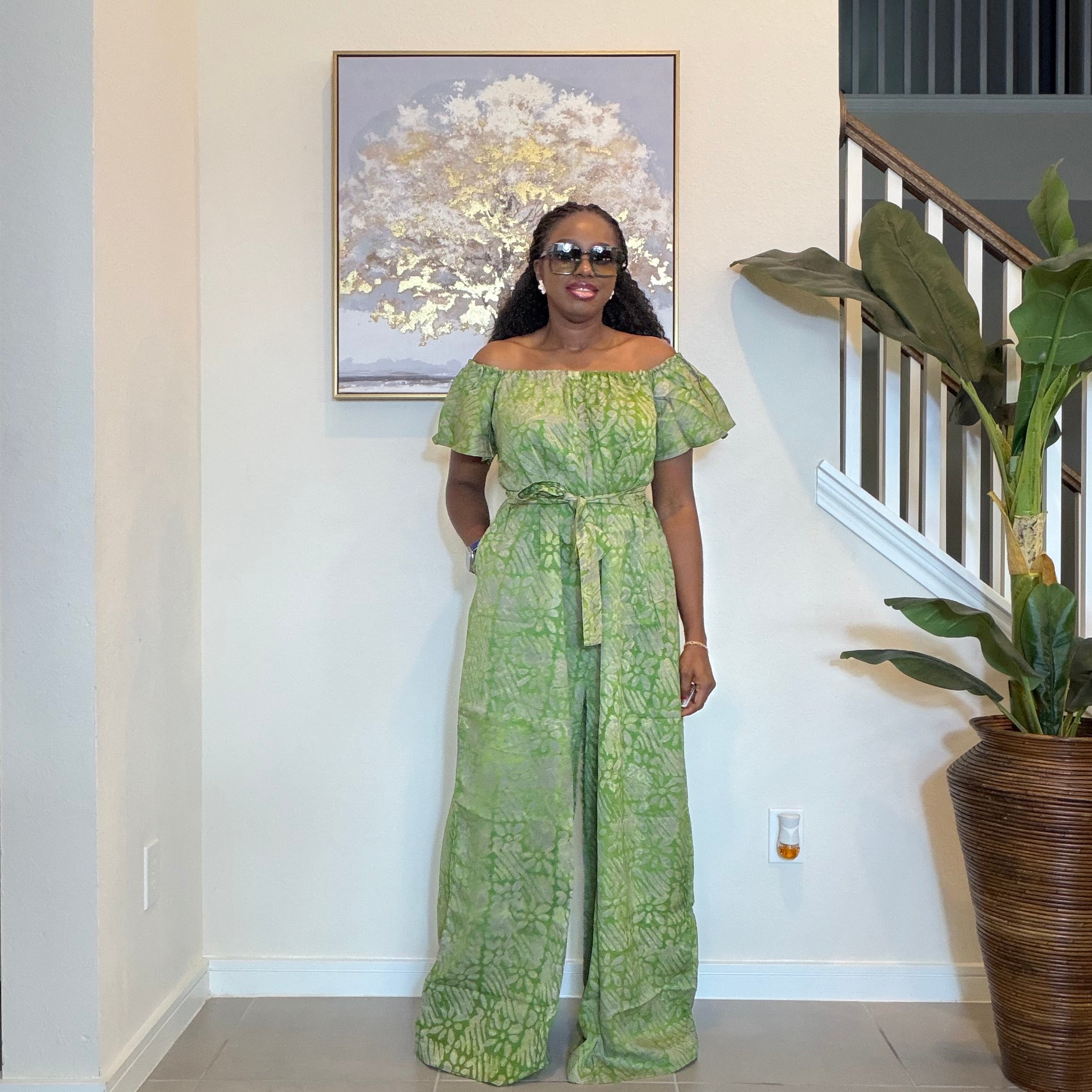 Adire Jumpsuit - African Print Off-the-Shoulder Wide Leg Romper