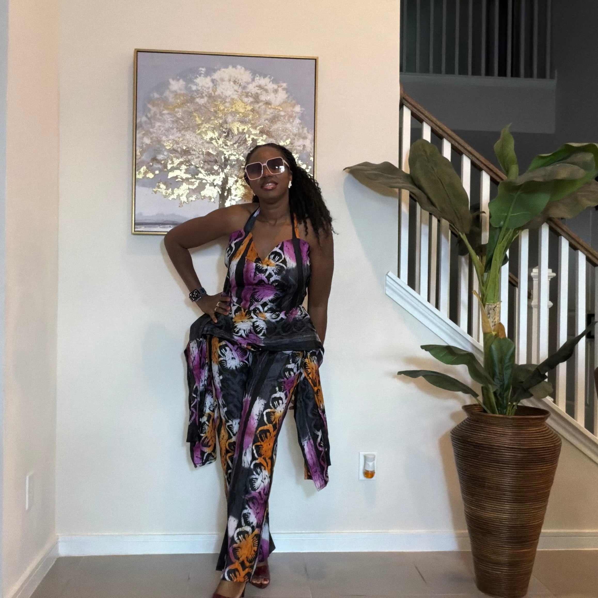 Handmade Adire Batik Tie-Neck Halter Jumpsuit.