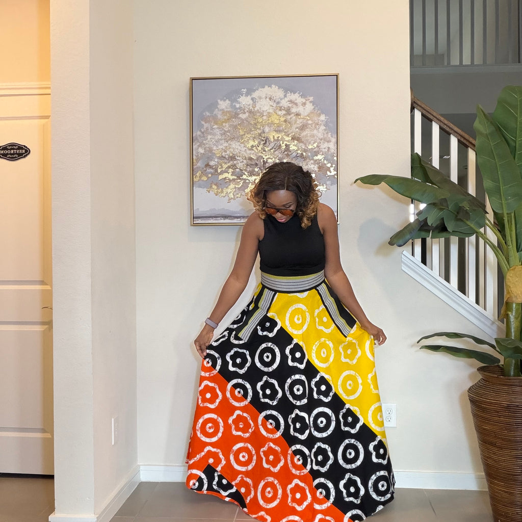 African Ankara Maxi Skirt, High Waist Skirt with Aso Oke Pockets