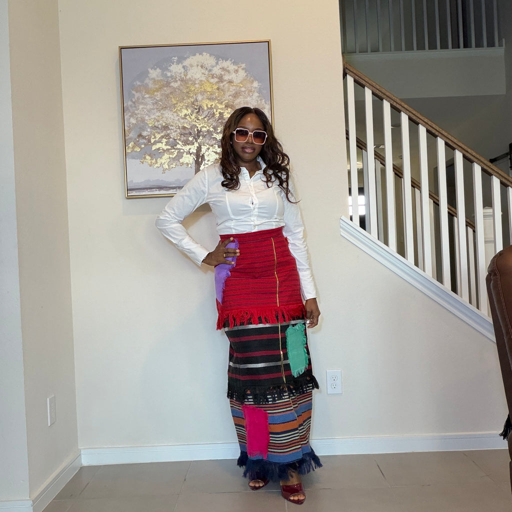 Colorful African Aso Oke Fringe Skirt, Handmade Aso Oke Patchwork Skirt