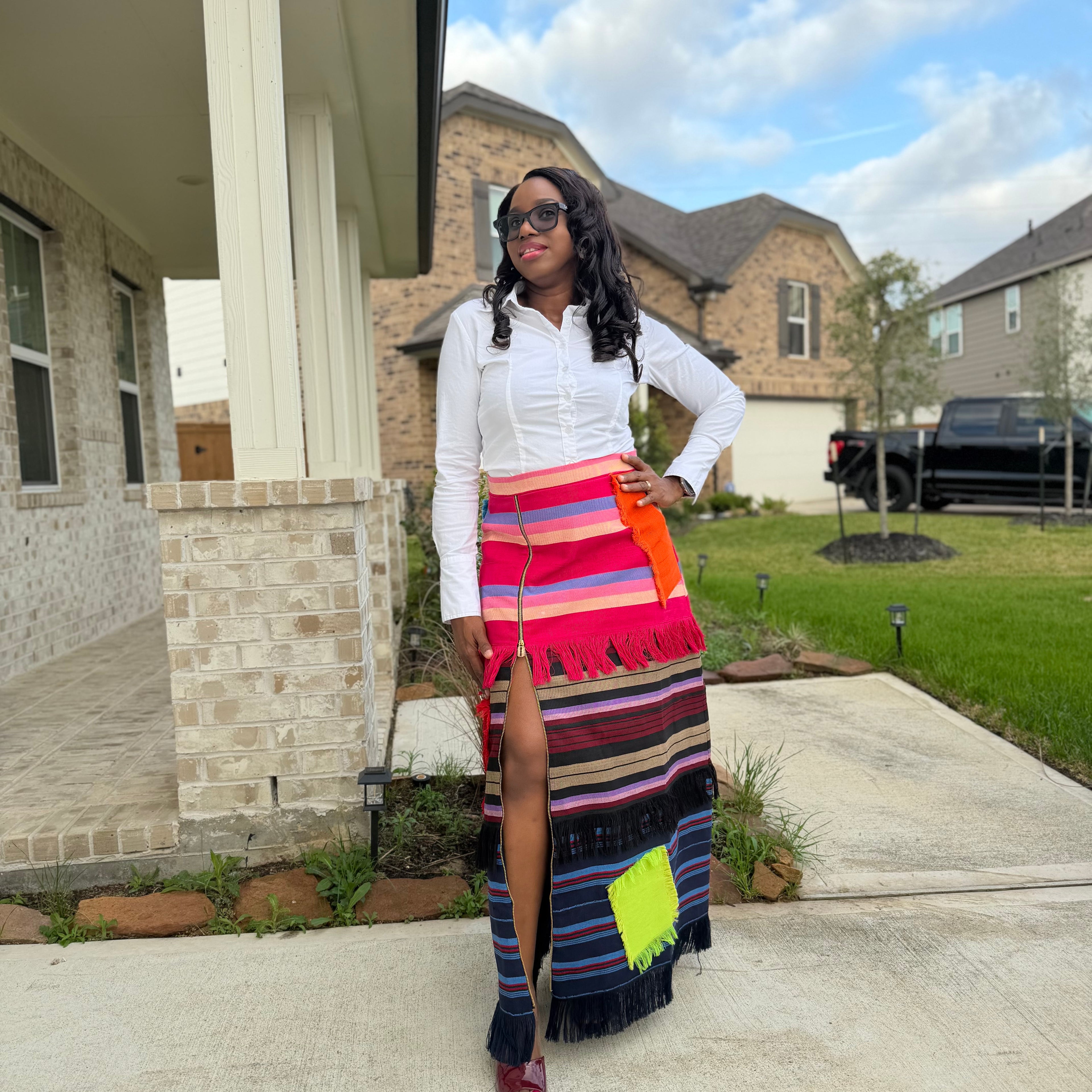 Colorful African Aso Oke Fringe Skirt, Handmade Aso Oke Patchwork Skirt