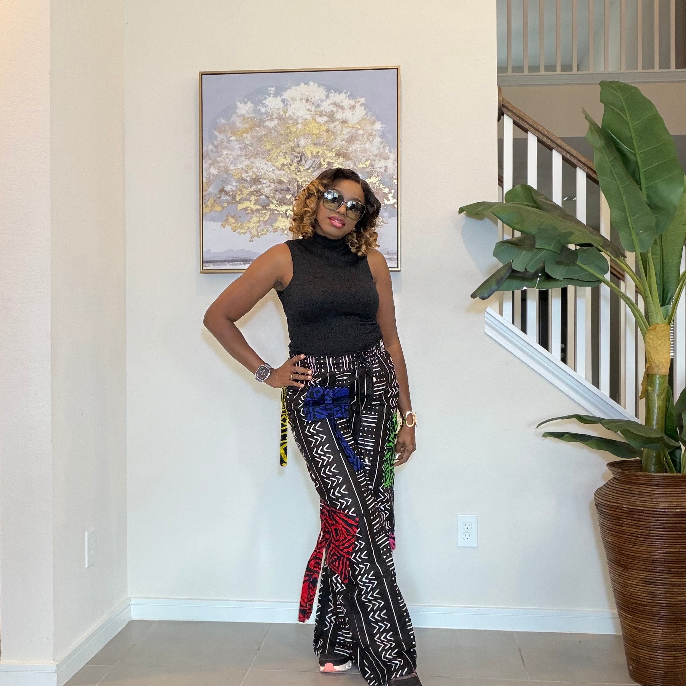 Ankara Wide-Leg Trousers, Black and White with color patch, African Print High Waist Pants