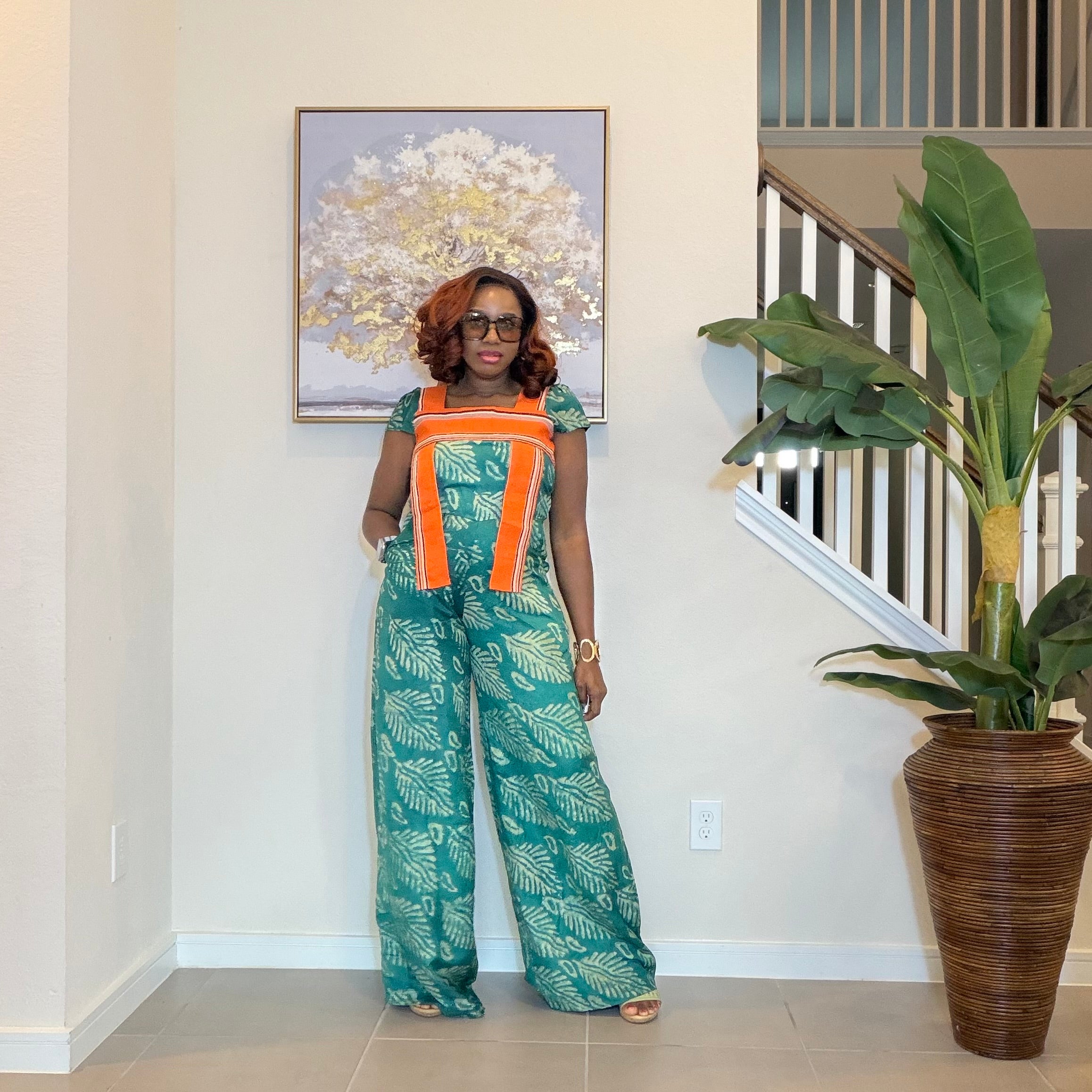 African Print Jumpsuit with Aso Oke, Green Leaf Adire Jumpsuit, Wide‑Leg One‑Piece