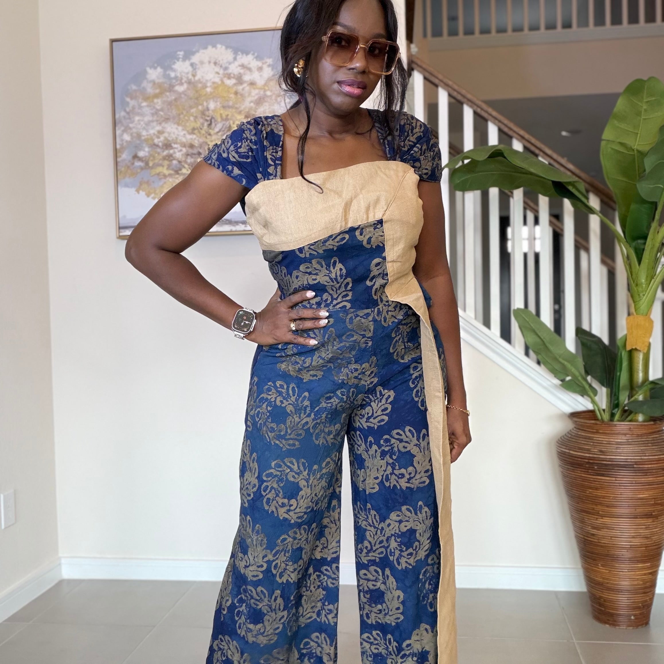 Blue Adire Floral Wide-Leg Jumpsuit with Aso Oke Detail