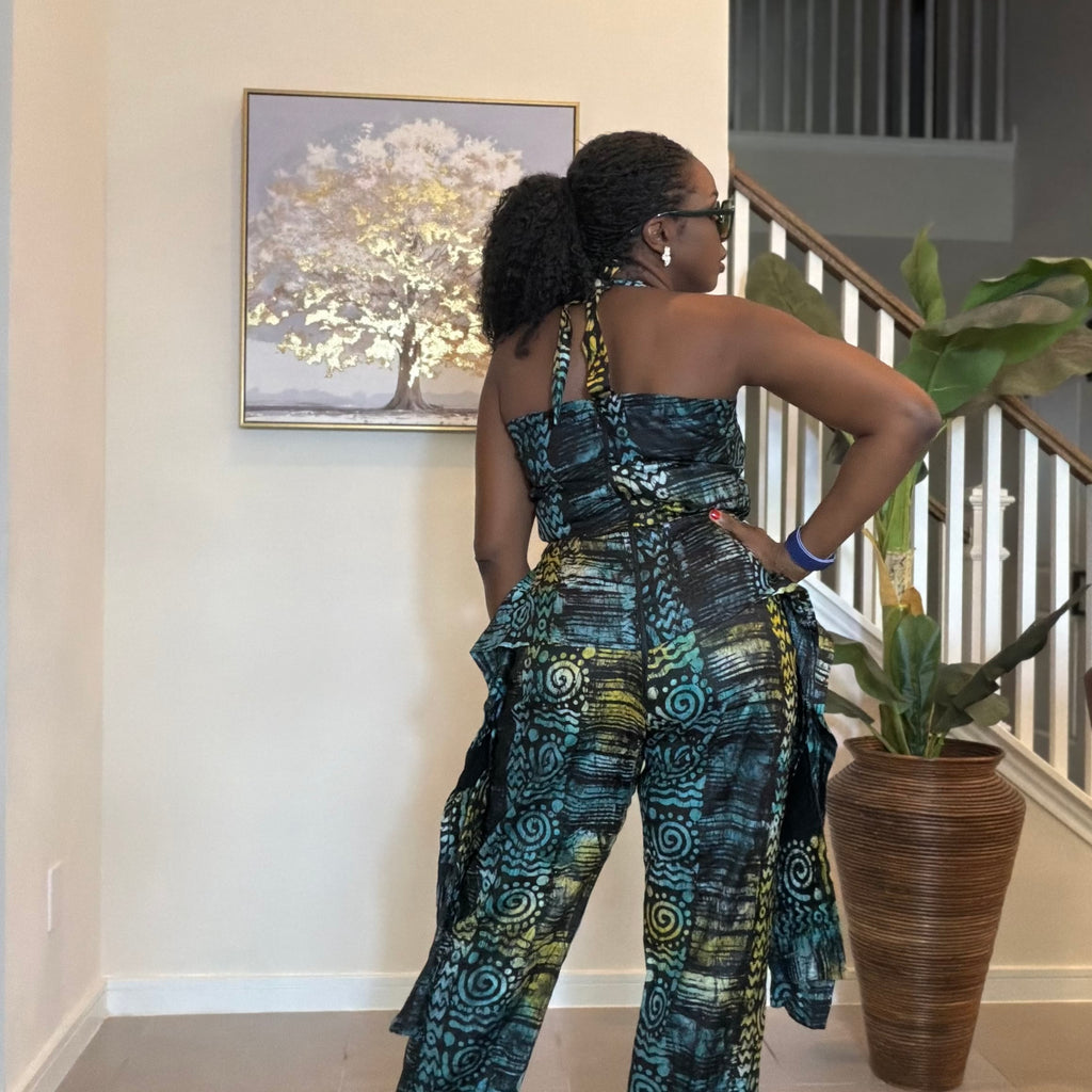 Adire Halter Neck Jumpsuit, African Batik Print One Piece Jumpsuit
