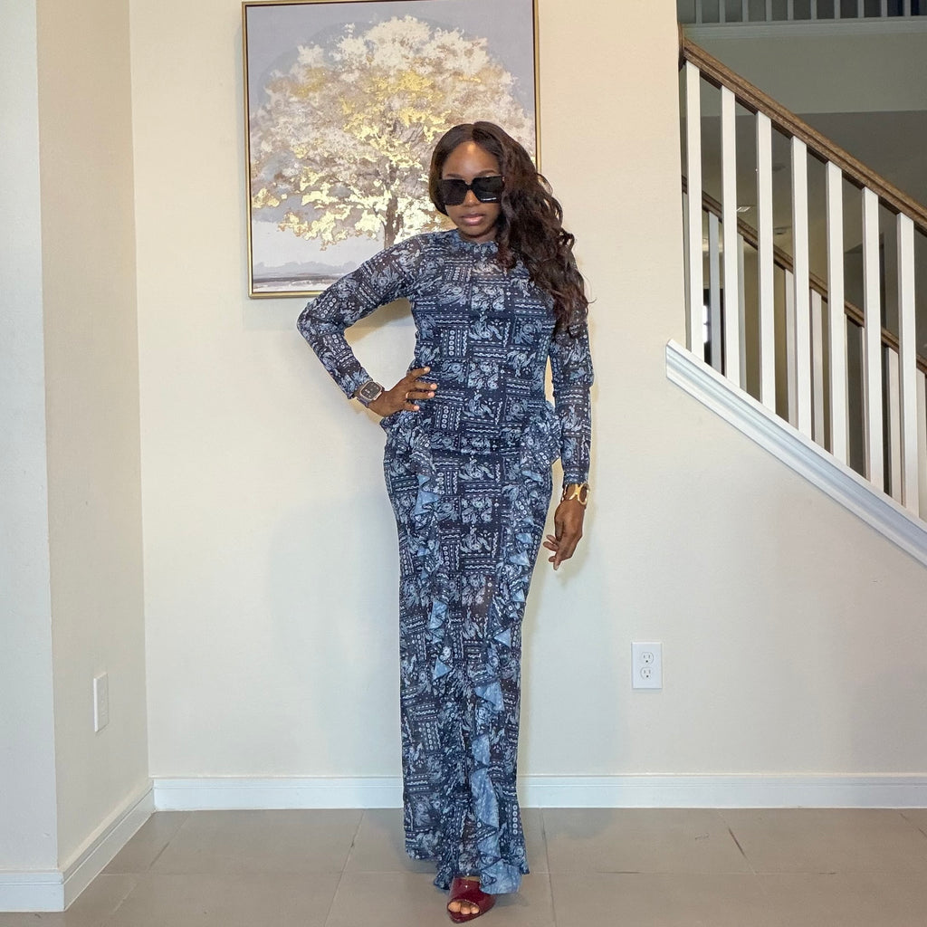 Elegant Indigo Mesh Long Dress