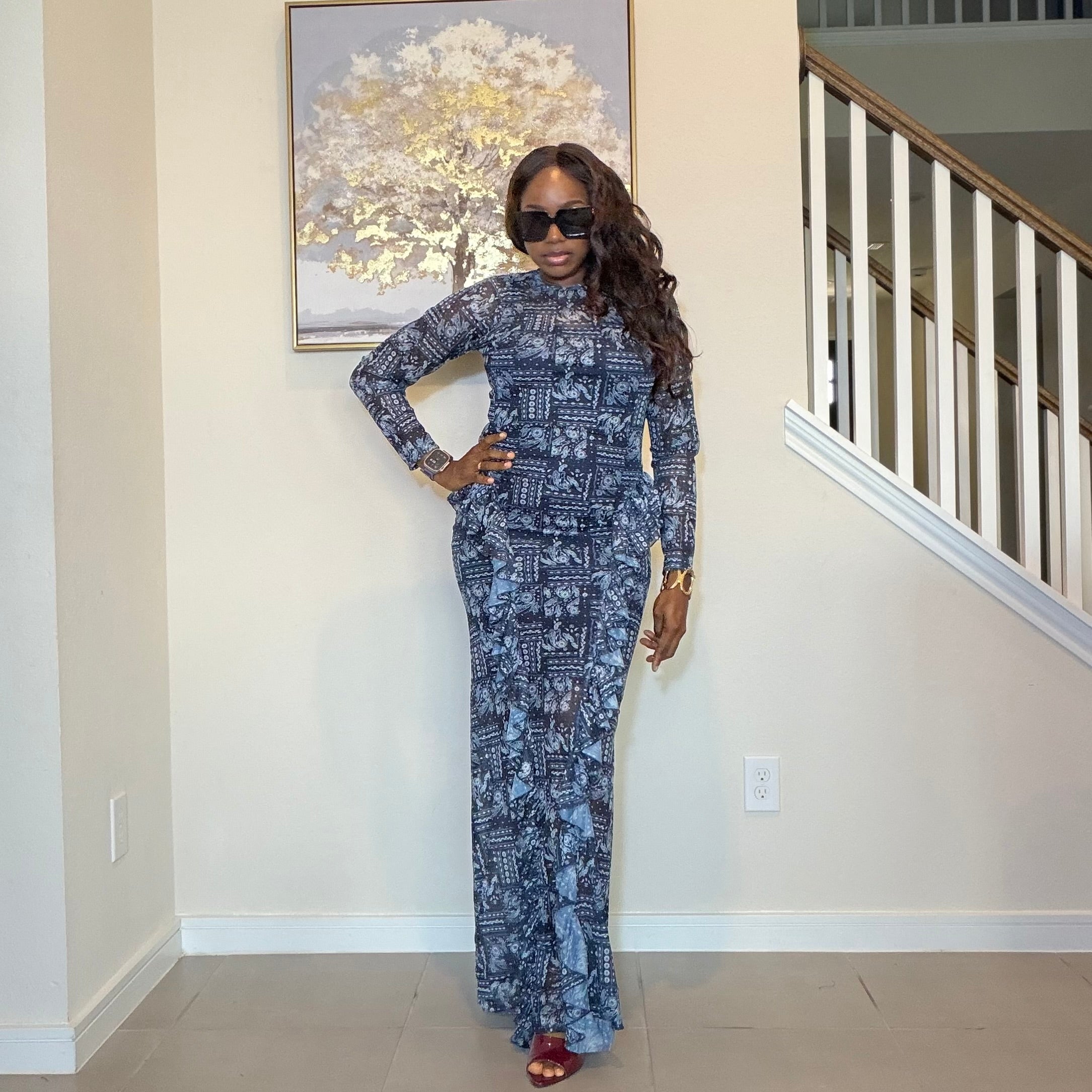 Elegant Indigo Mesh Long Dress