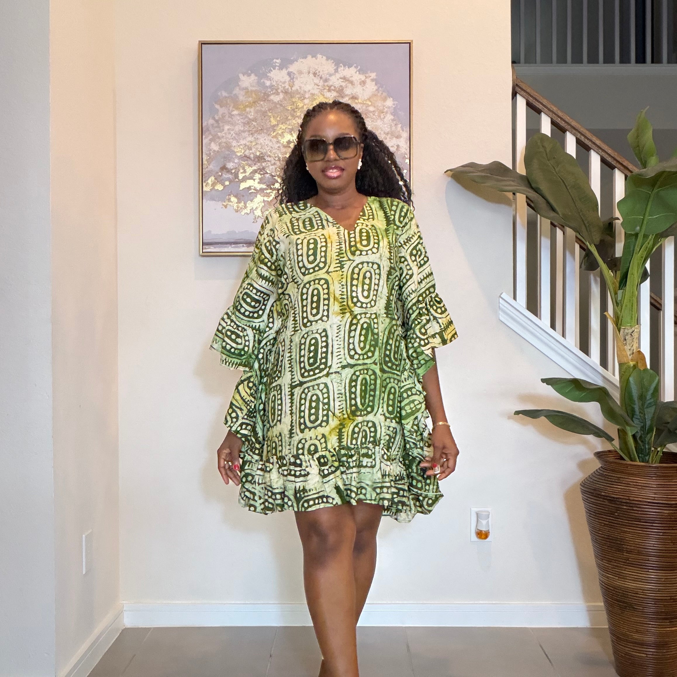 Olive Green Adire Crepe Dress Mini Dress.