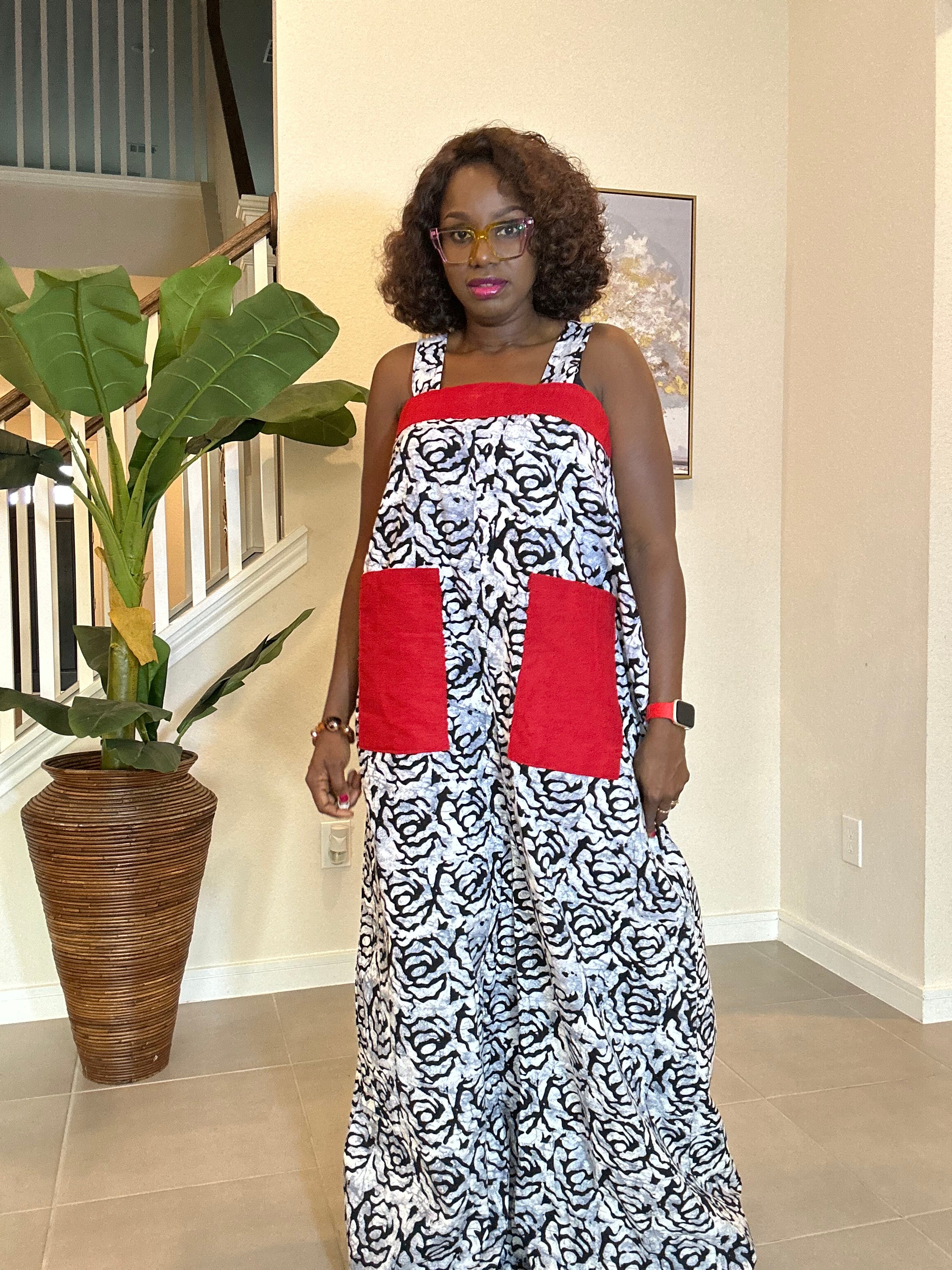 African Print Jumpsuit with Red Aso Oke Pockets, Handmade African Clothing