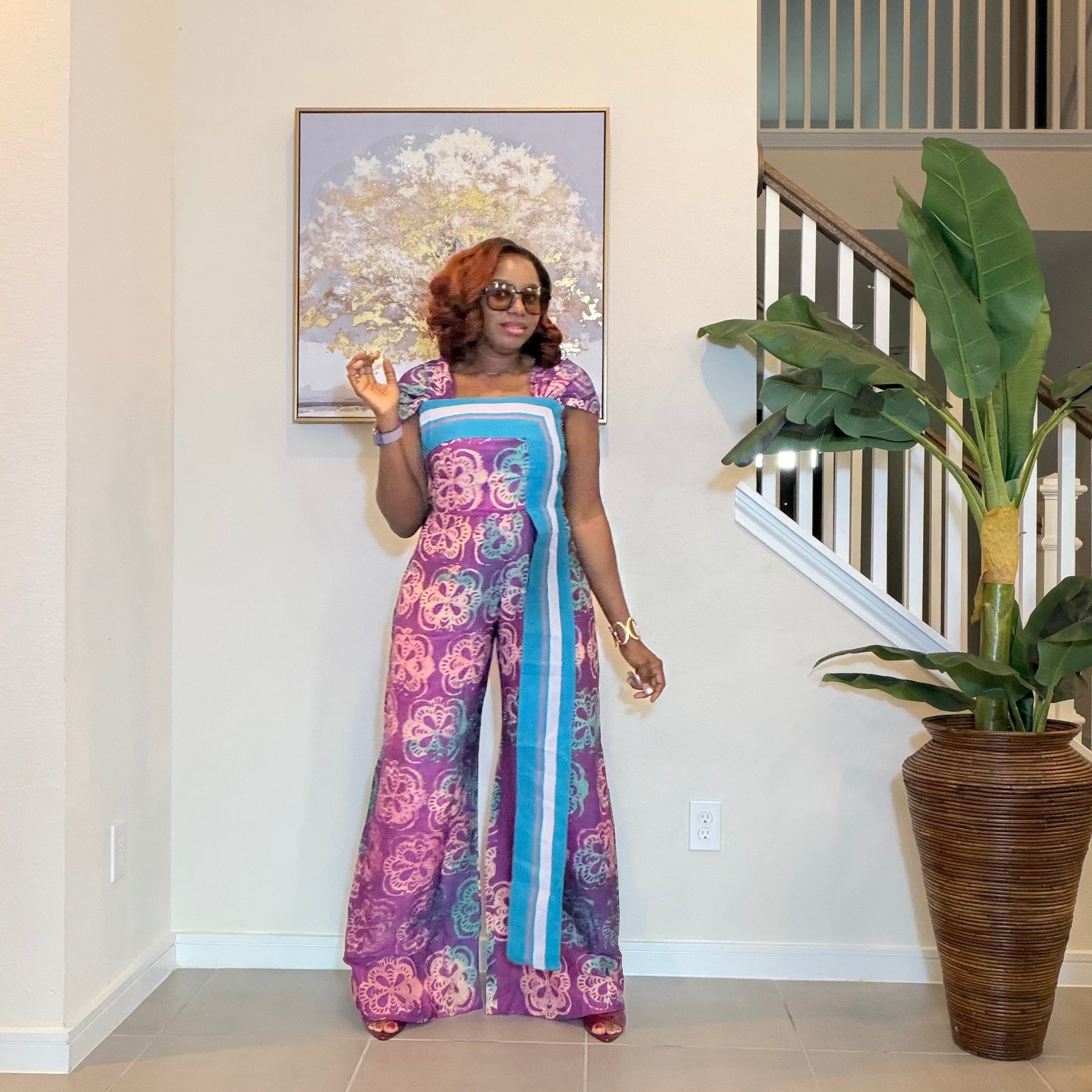 Adire Floral Wide-Leg Jumpsuit with Aso Oke Detail