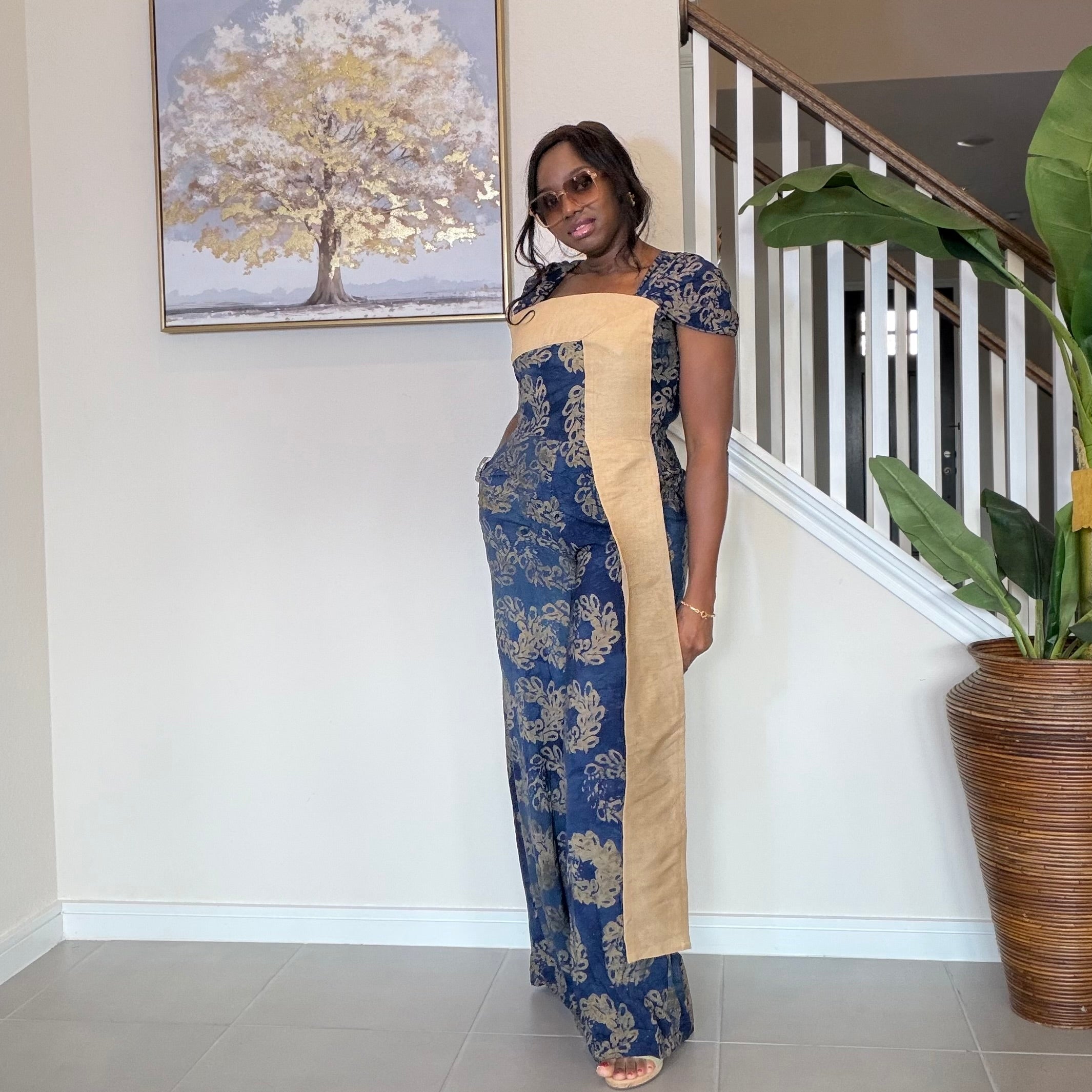 Blue Adire Floral Wide-Leg Jumpsuit with Aso Oke Detail