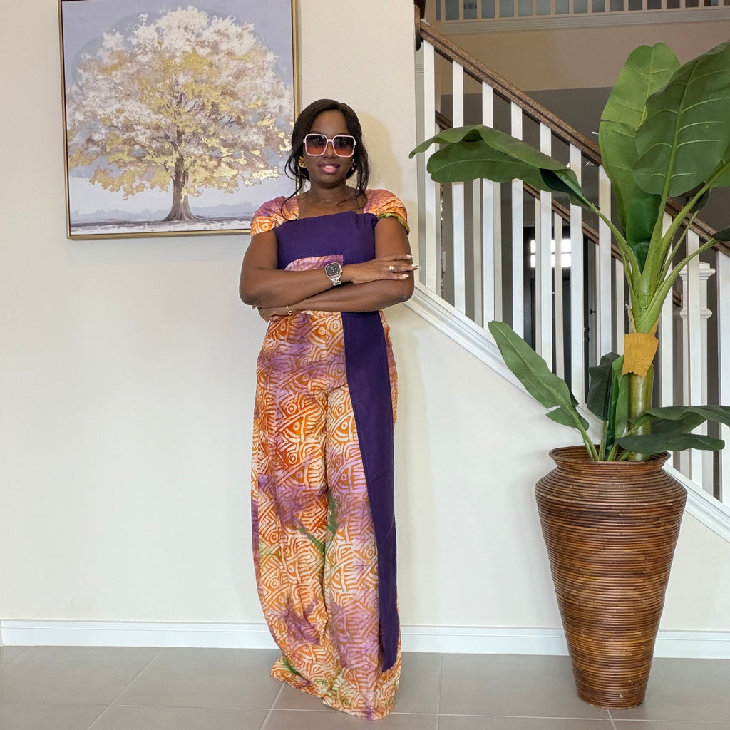 Adire Floral Wide-Leg Jumpsuit with Aso Oke Detail