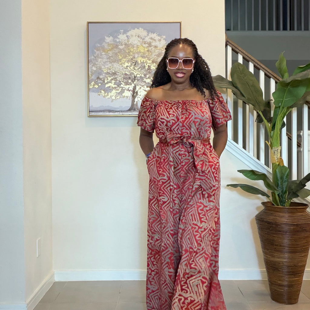 Adire Printed Wide-Leg Jumpsuit Convertible Off-Shoulder with Detachable Belt