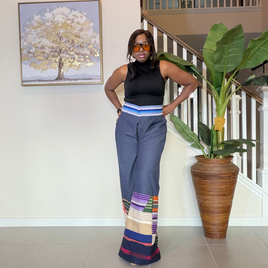 High-Waisted Jeans Wide Leg Trousers with Multicolored Striped Aso Oke Patchwork