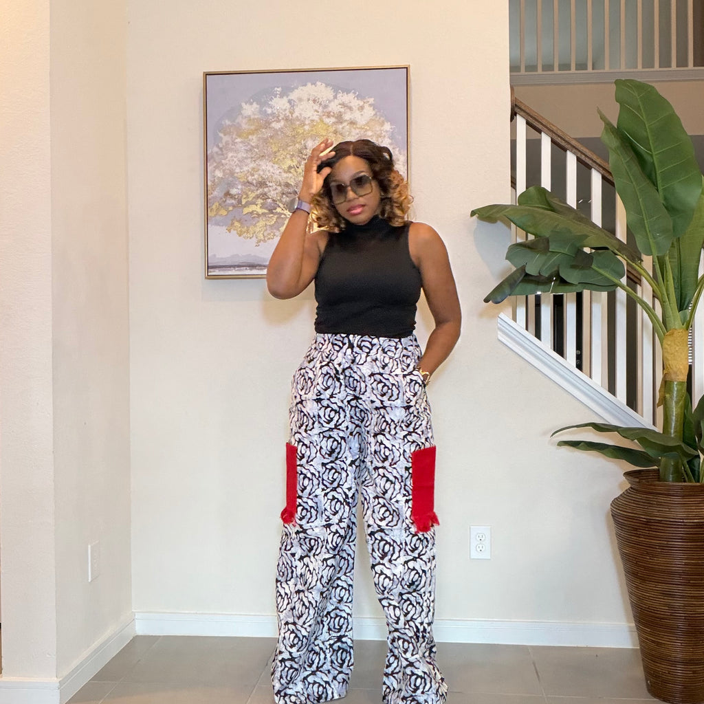 Ankara Wide‑Leg Pants with Aso Oke side pockets.