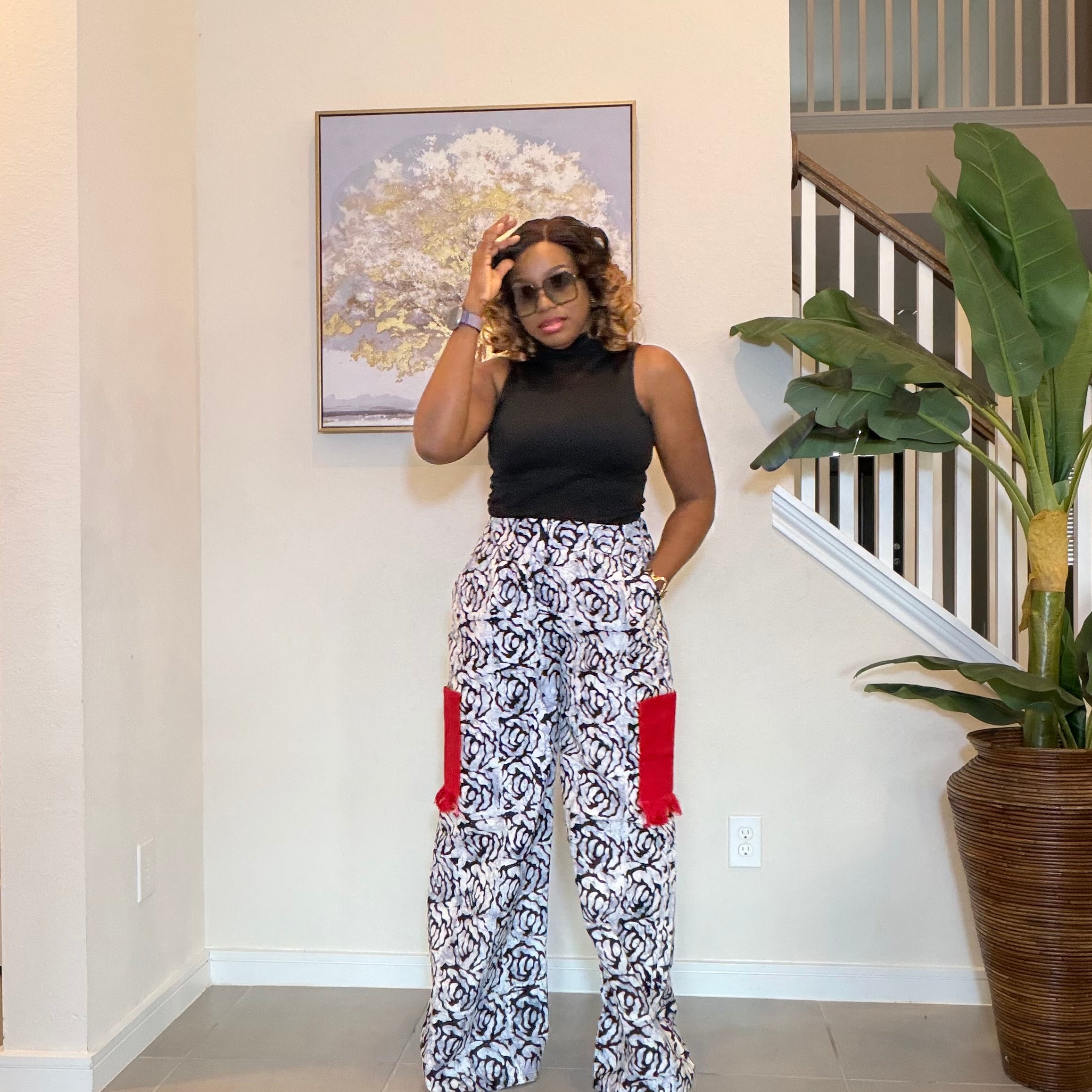 Ankara Wide‑Leg Pants with Aso Oke side pockets.