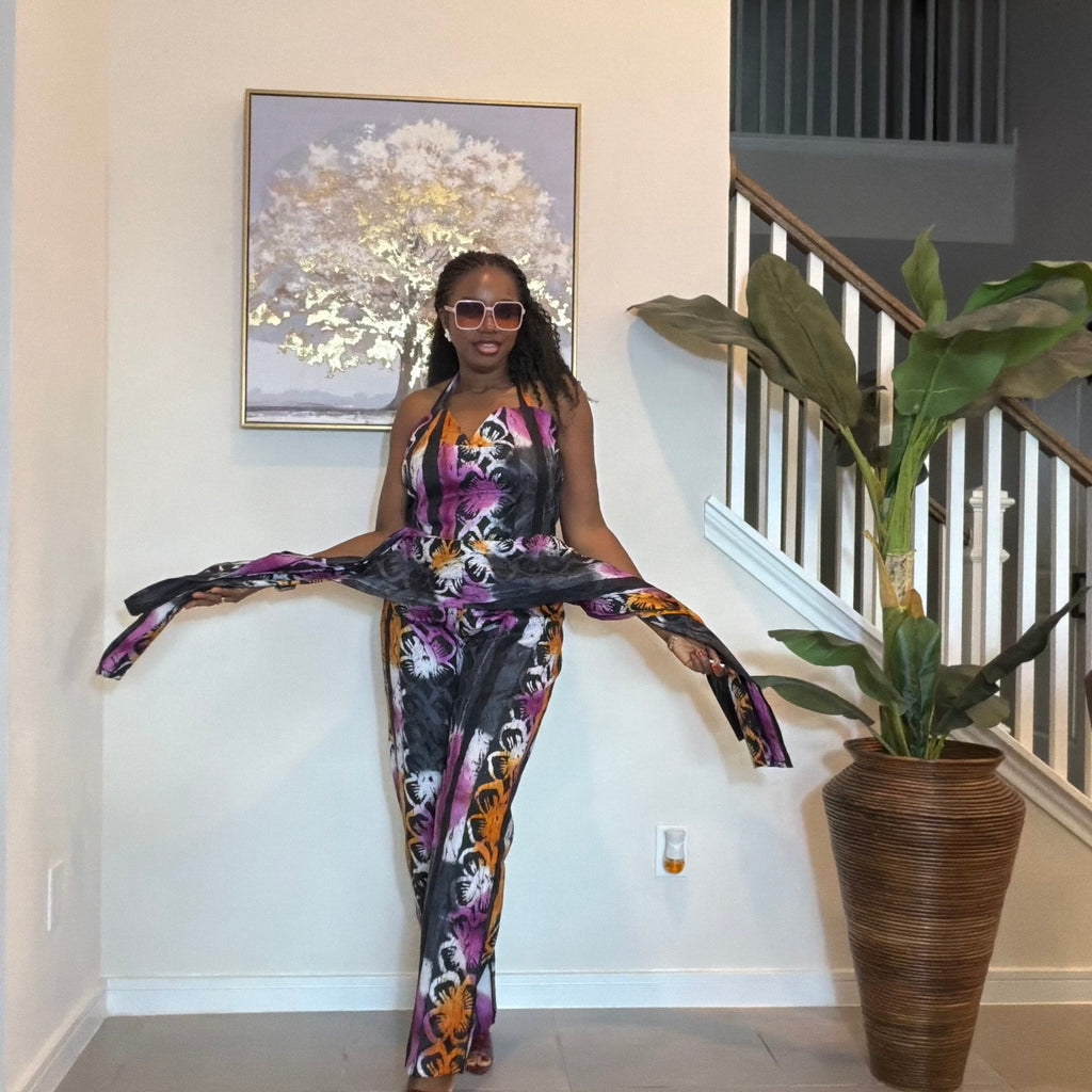 Handmade Adire Batik Tie-Neck Halter Jumpsuit.