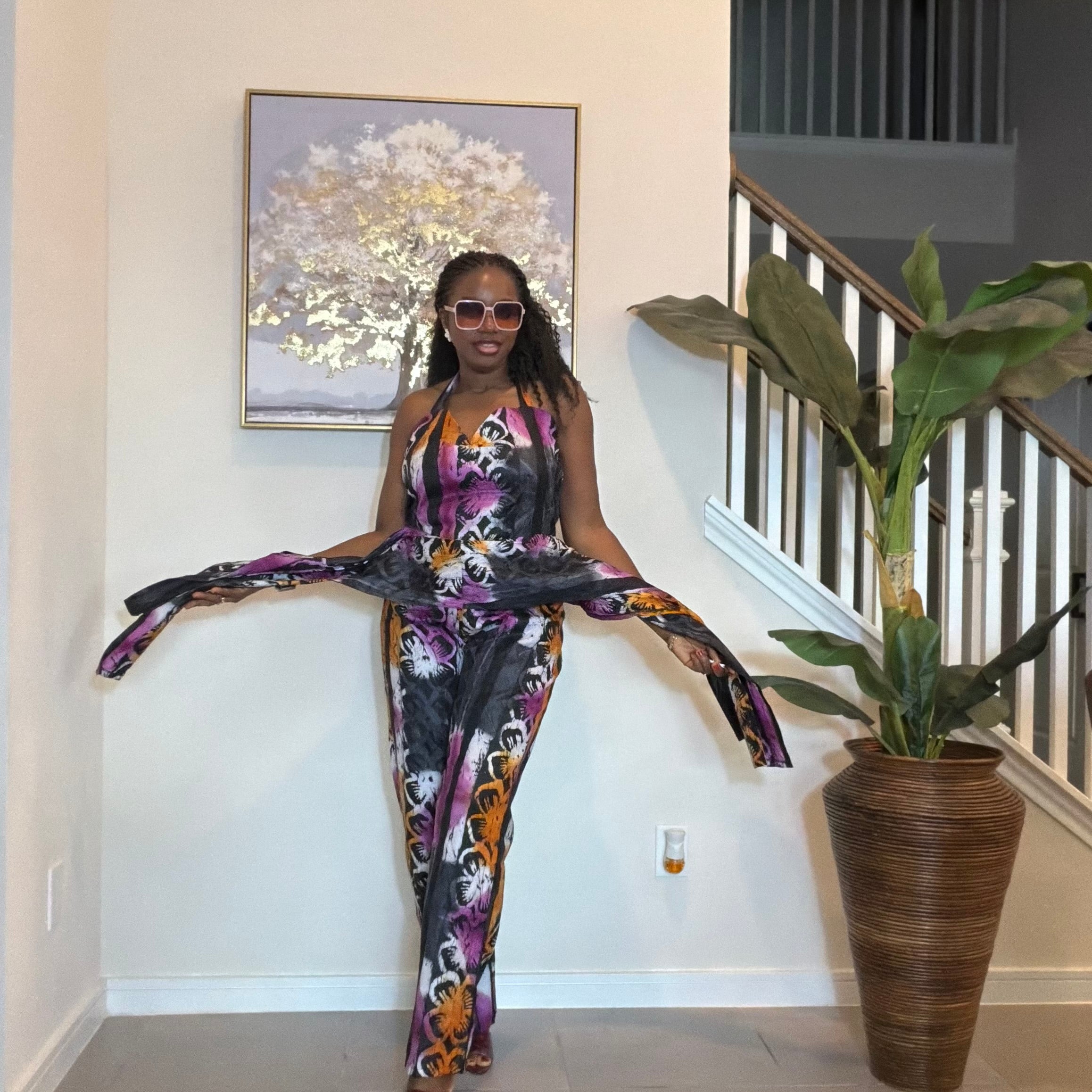 Handmade Adire Batik Tie-Neck Halter Jumpsuit.