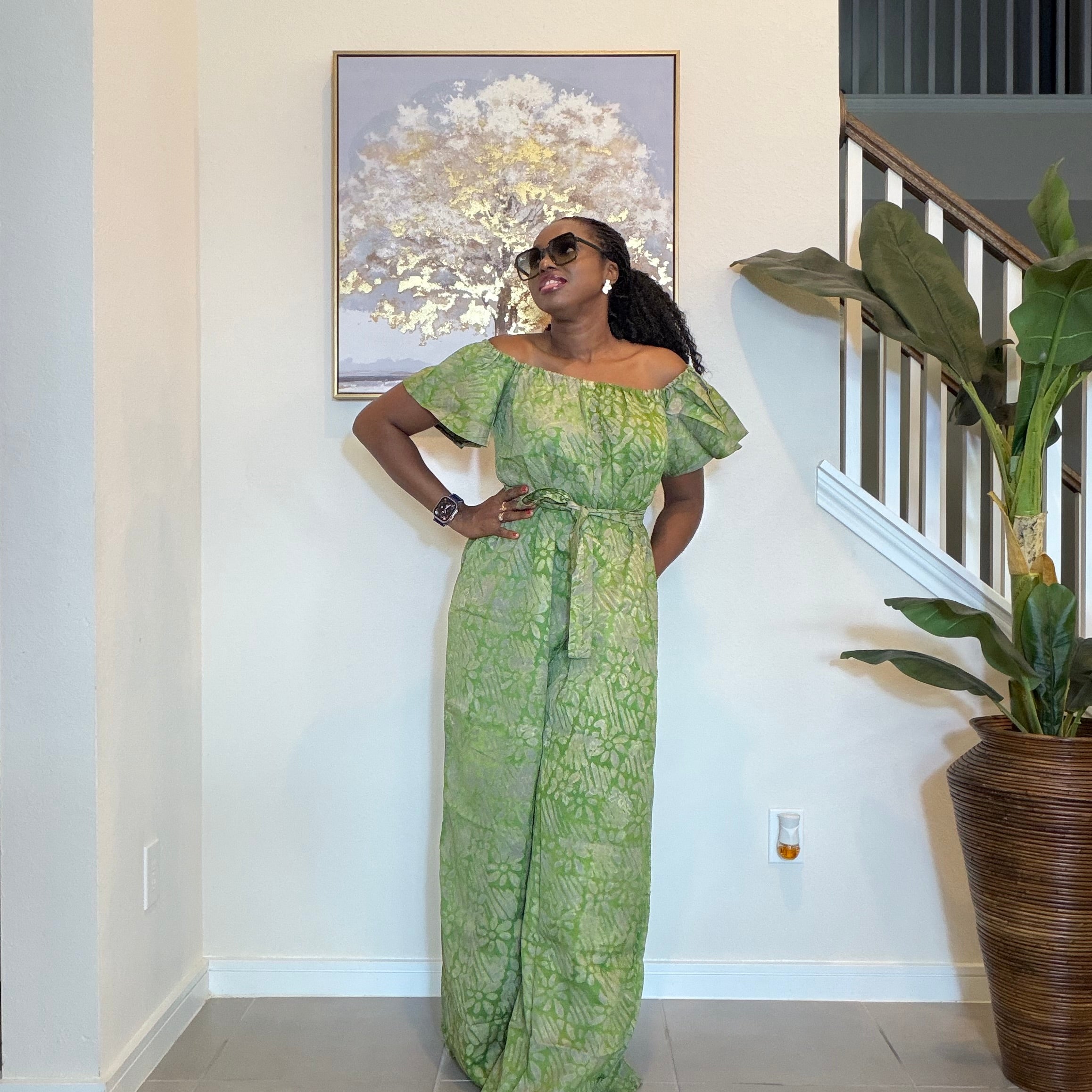 Adire Jumpsuit - African Print Off-the-Shoulder Wide Leg Romper