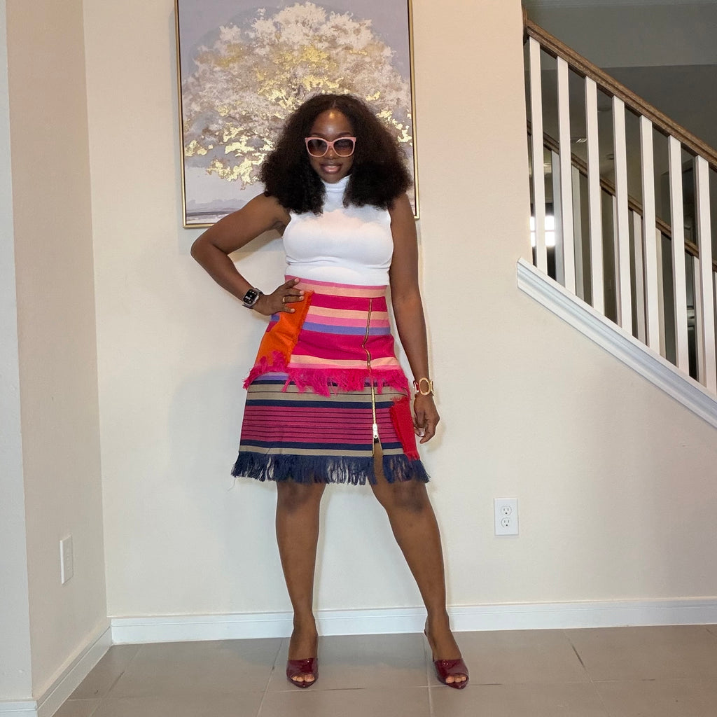 Colorful African Aso Oke Fringe Skirt, Handmade Aso Oke Patchwork Skirt