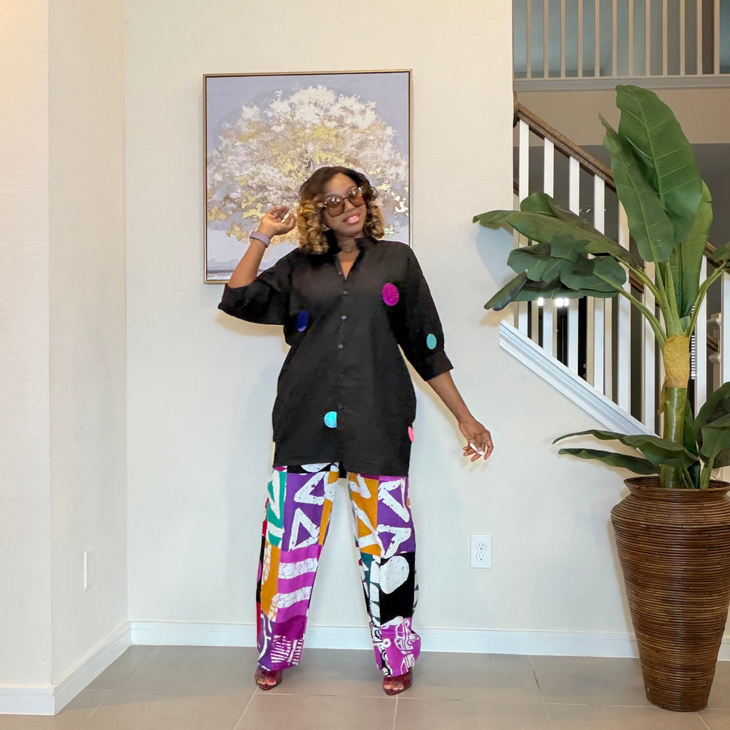 Ankara Two‑Piece Set, Colorful Print Pants, Handmade African Wear