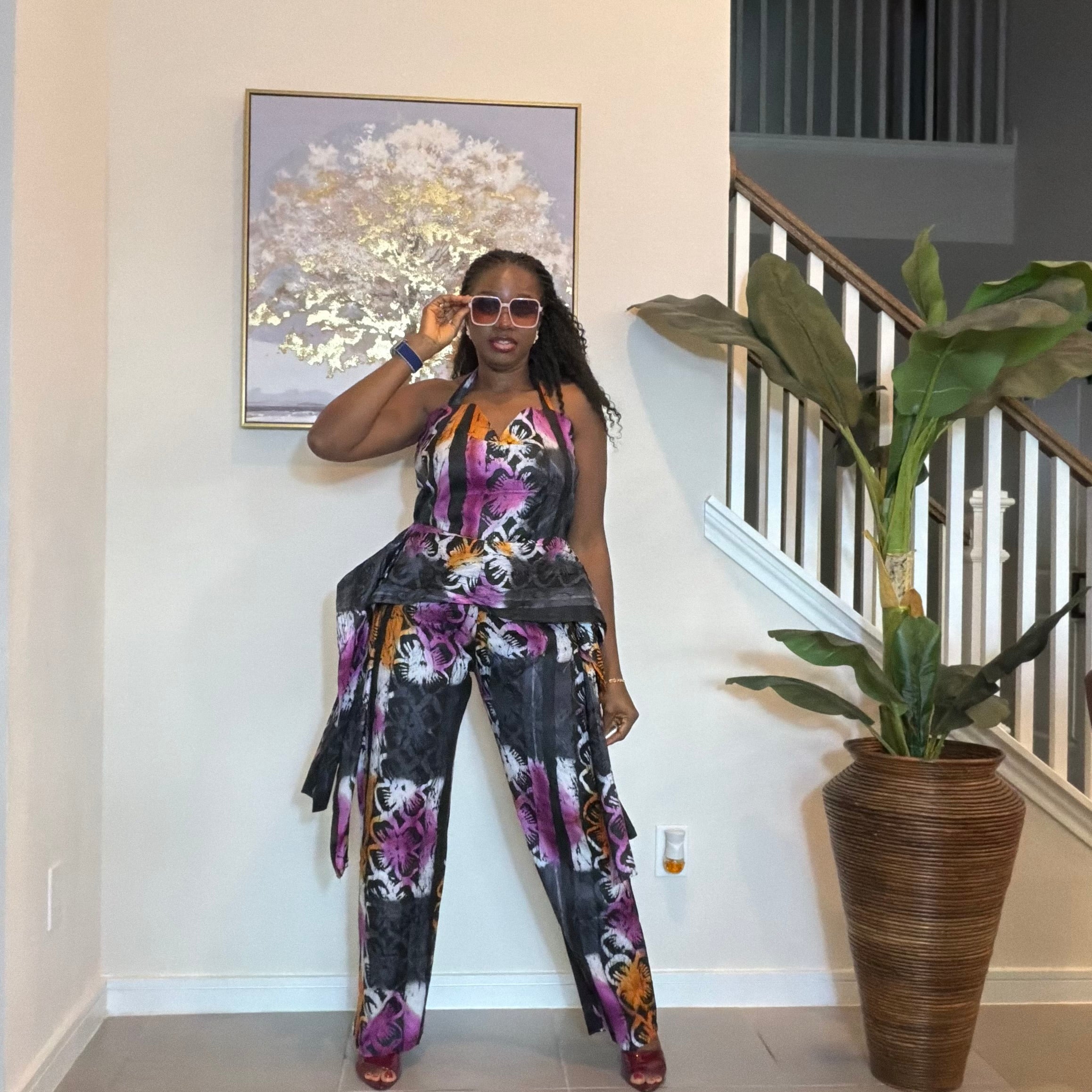 Handmade Adire Batik Tie-Neck Halter Jumpsuit.