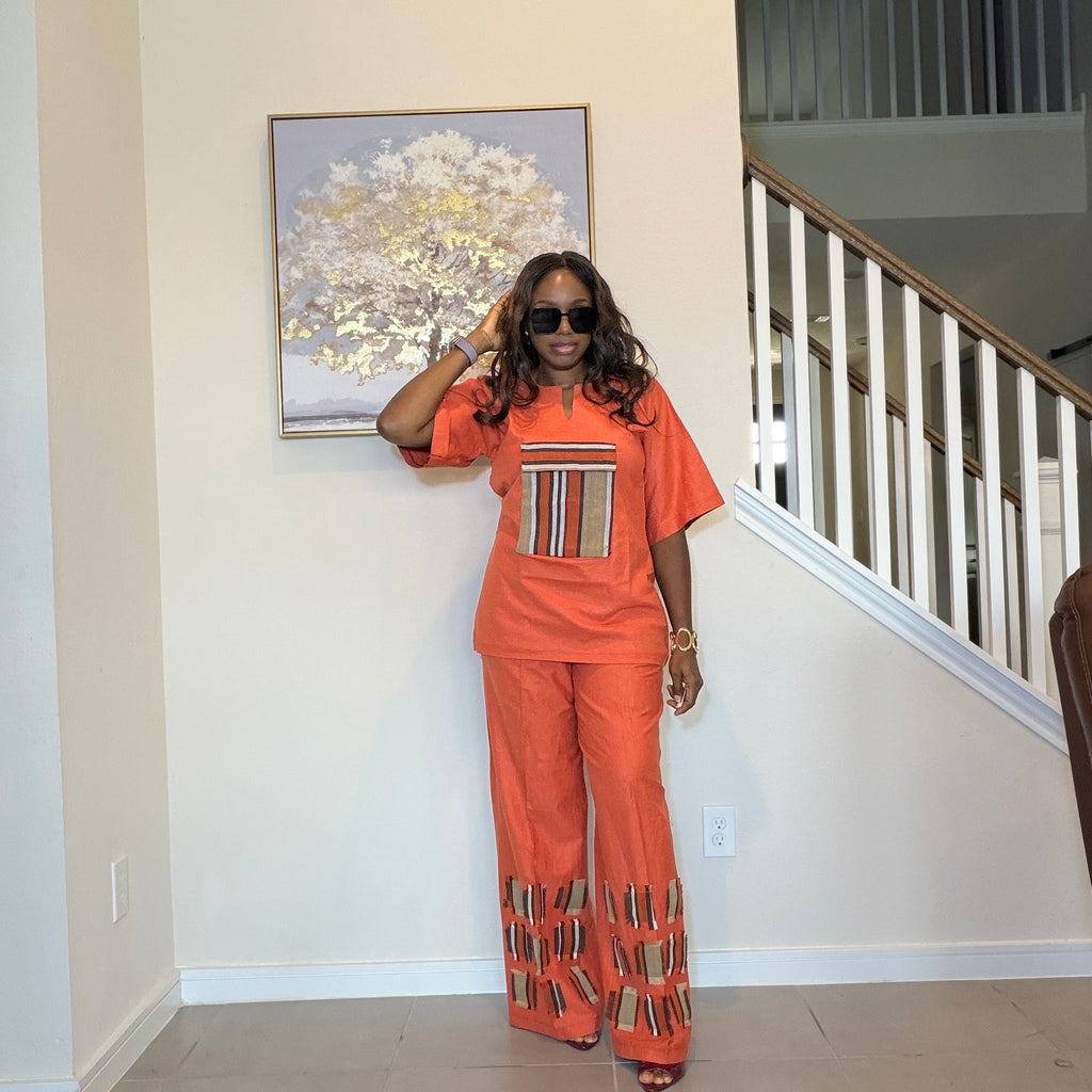 Linen Two Piece Set With Aso Oke Patch
