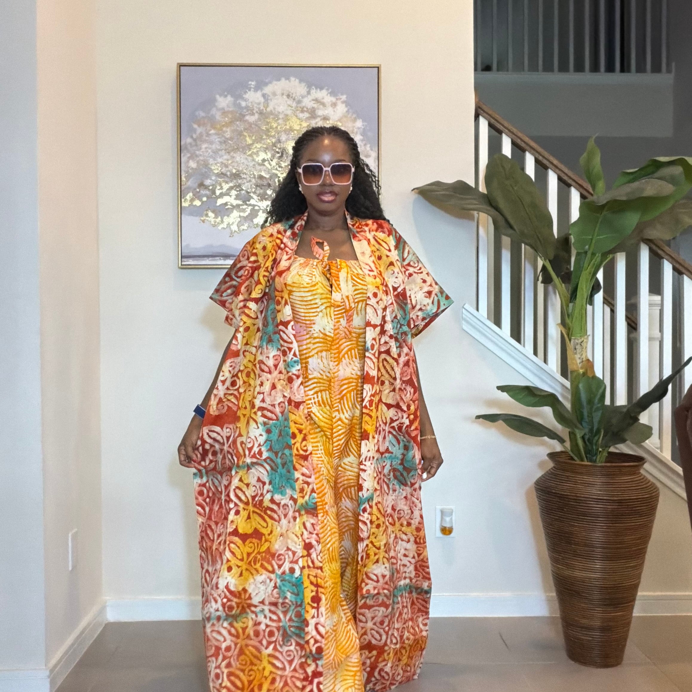 2-Piece Adire Crepe Jumpsuit and Maxi Kimono Set